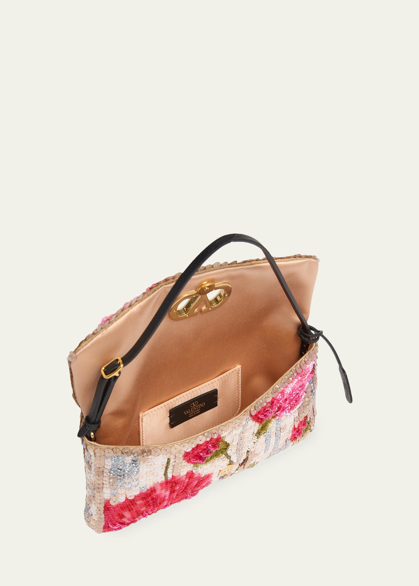 Valentino Garavani Devain Floral Sequin Silk Satin Top-Handle Bag
