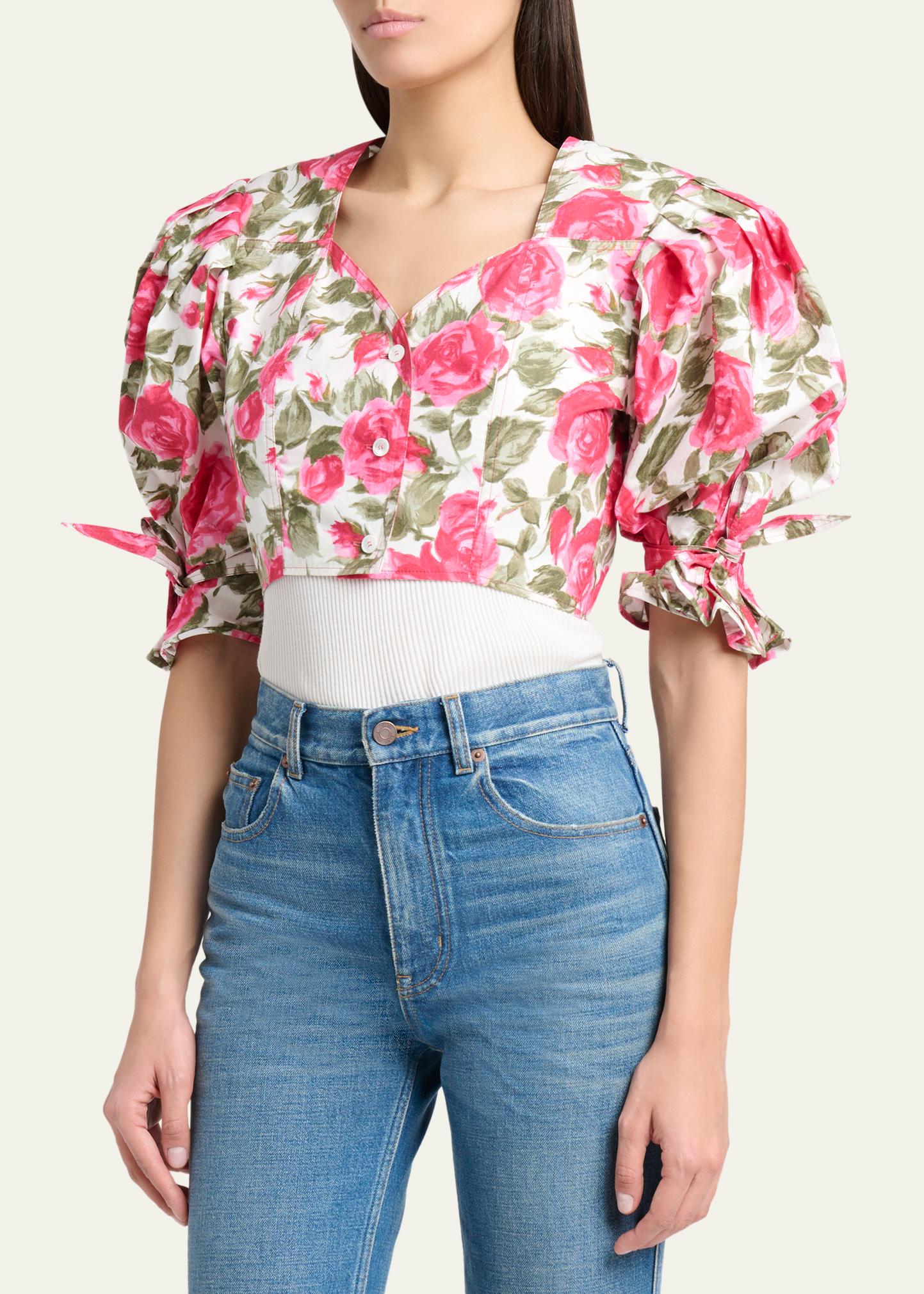Chloe Floral Cotton Puff-Sleeve Button-Front Crop Top - Bergdorf