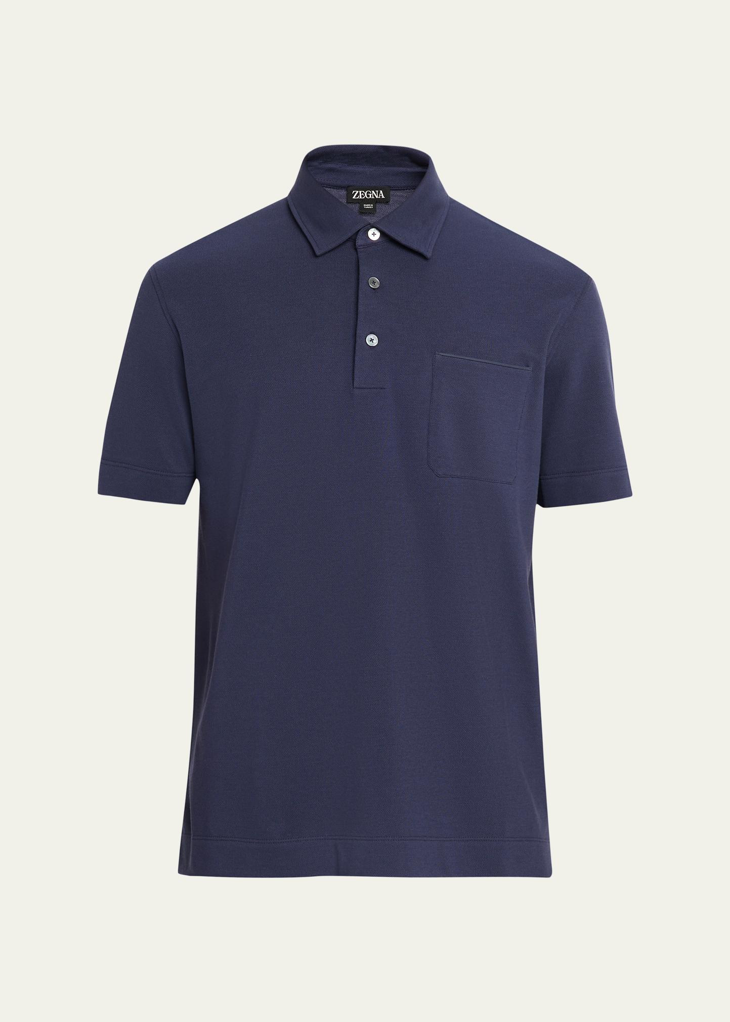 Zegna Men's Pique Polo Shirt with Leather-Trim Pocket