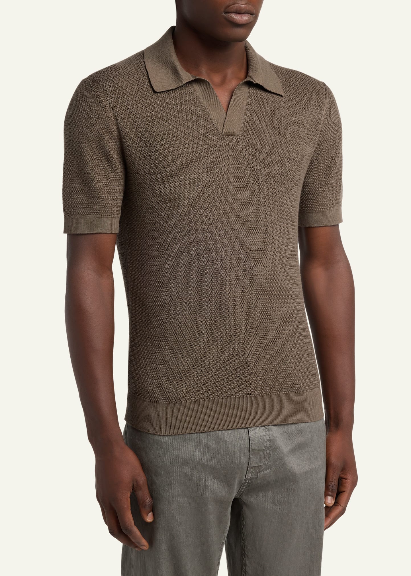 ZEGNA Men's Premium Cotton Knit Johnny Collar Polo Sweater