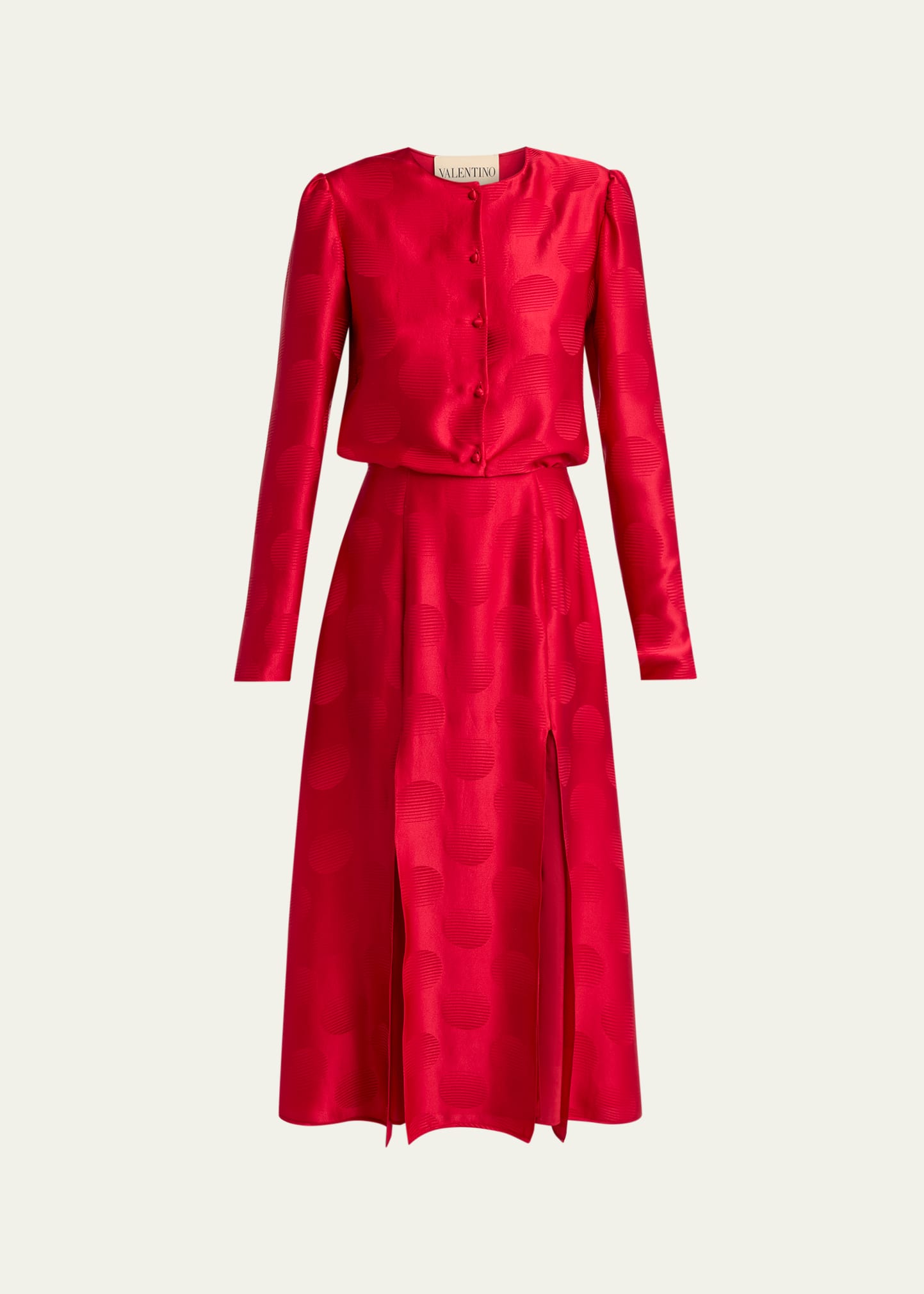 valentino satin dress Valentino Garavani Polka-Dot Satin Long-Sleeve Slits Midi Dress