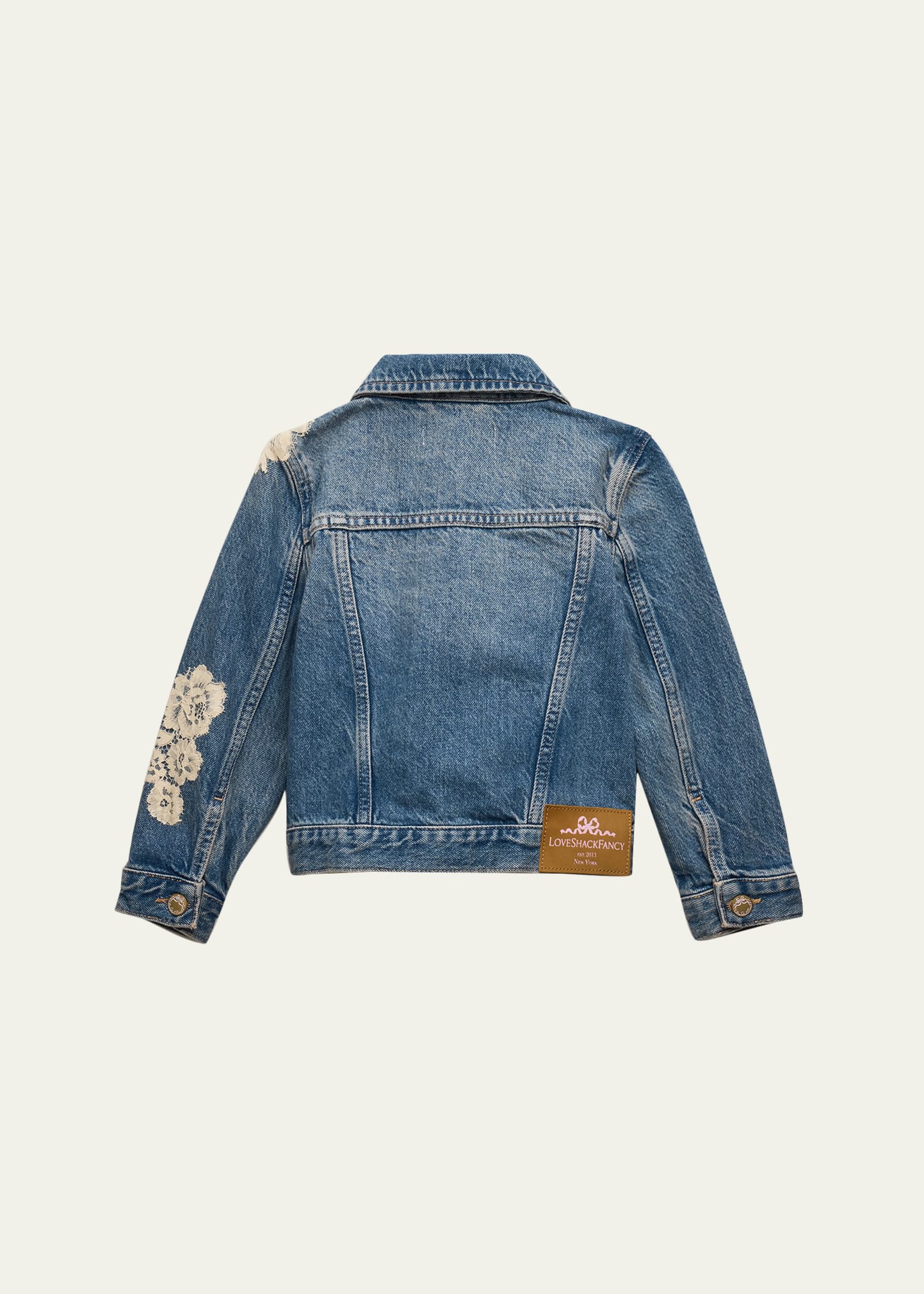 LoveShackFancy Girl's Lavina Lace Applique Denim Jacket, Size 2-6
