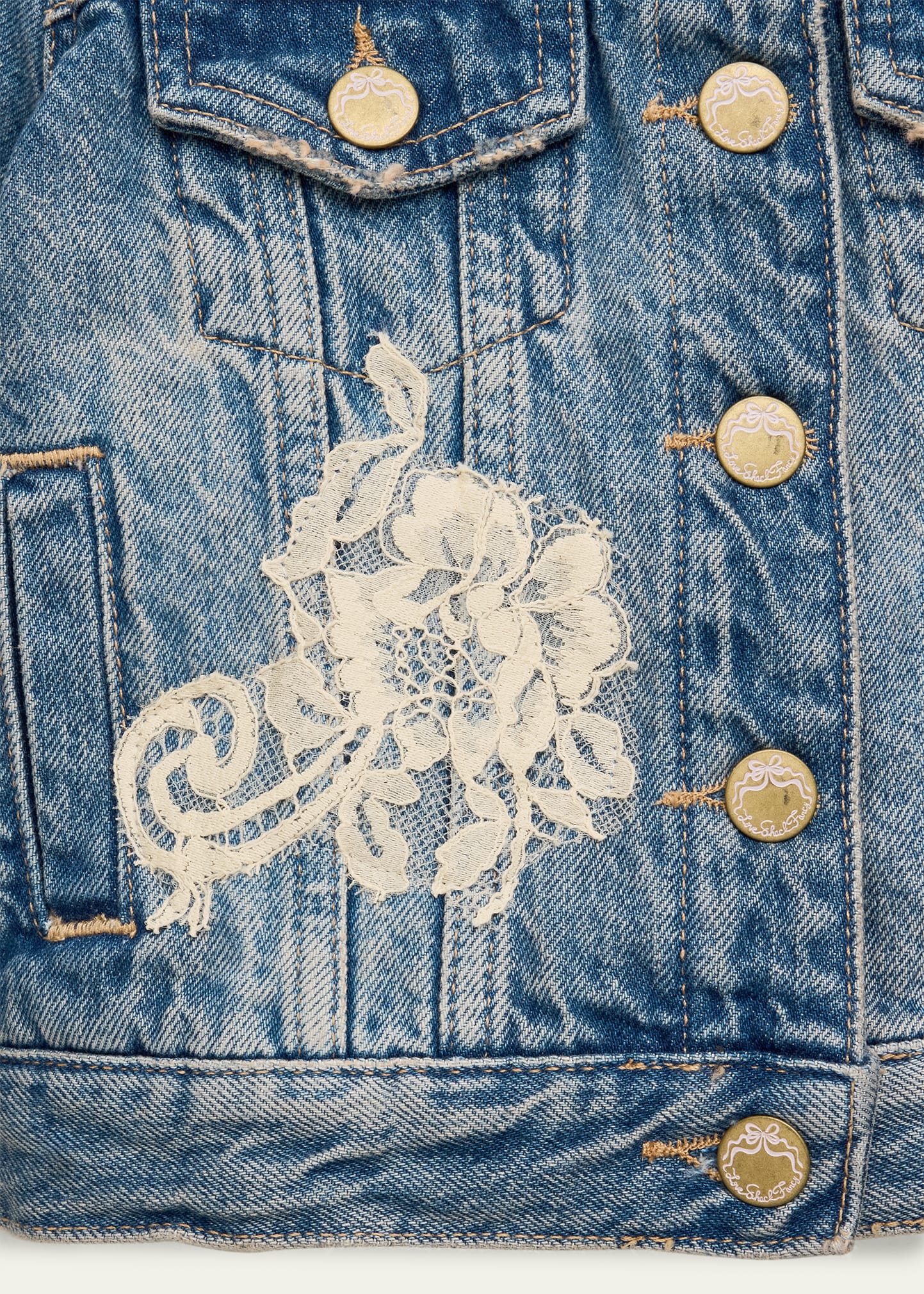 LoveShackFancy Girl's Lavina Lace Applique Denim Jacket, Size 2-6