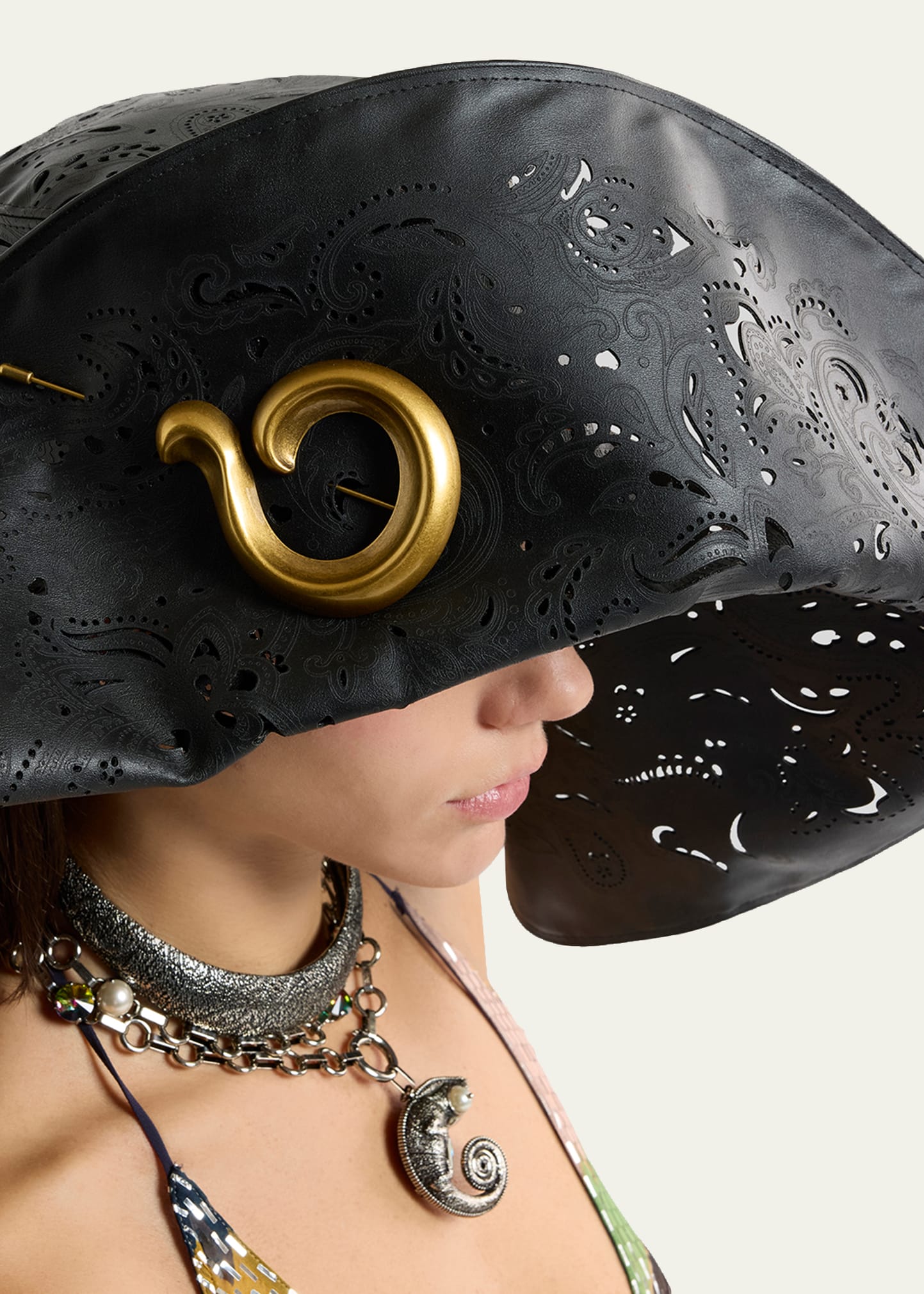 Etro Openwork Wide-Brim Hat with Paisley Brooch - Bergdorf Goodman