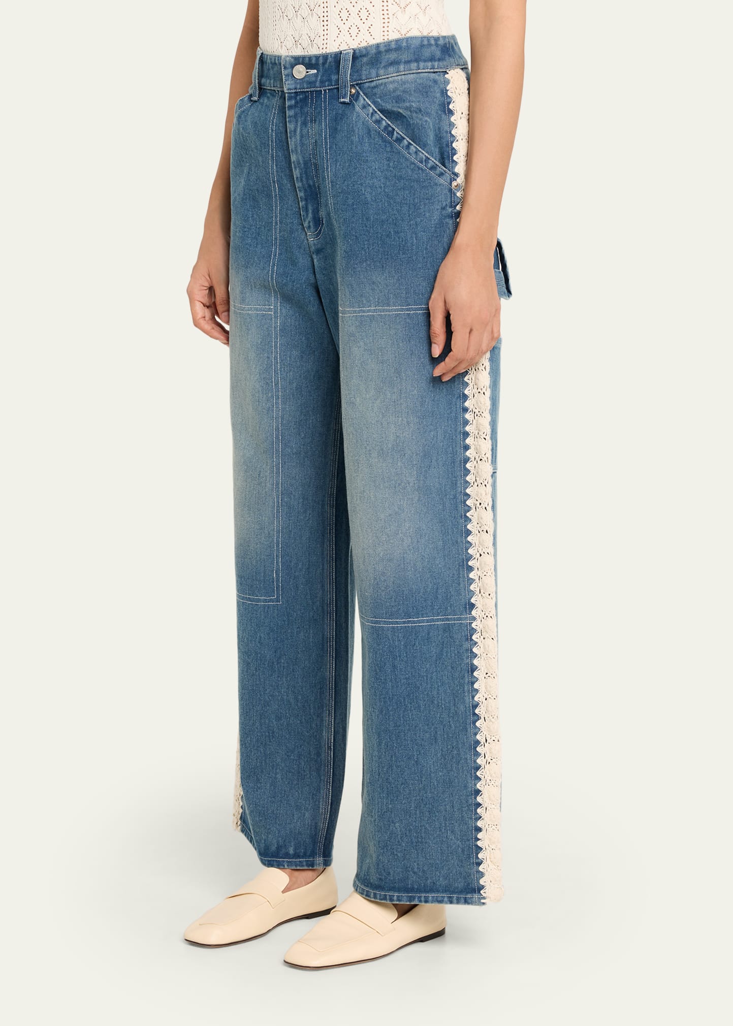 Sea Stasia Crochet-Trim Utility Jeans - Bergdorf Goodman