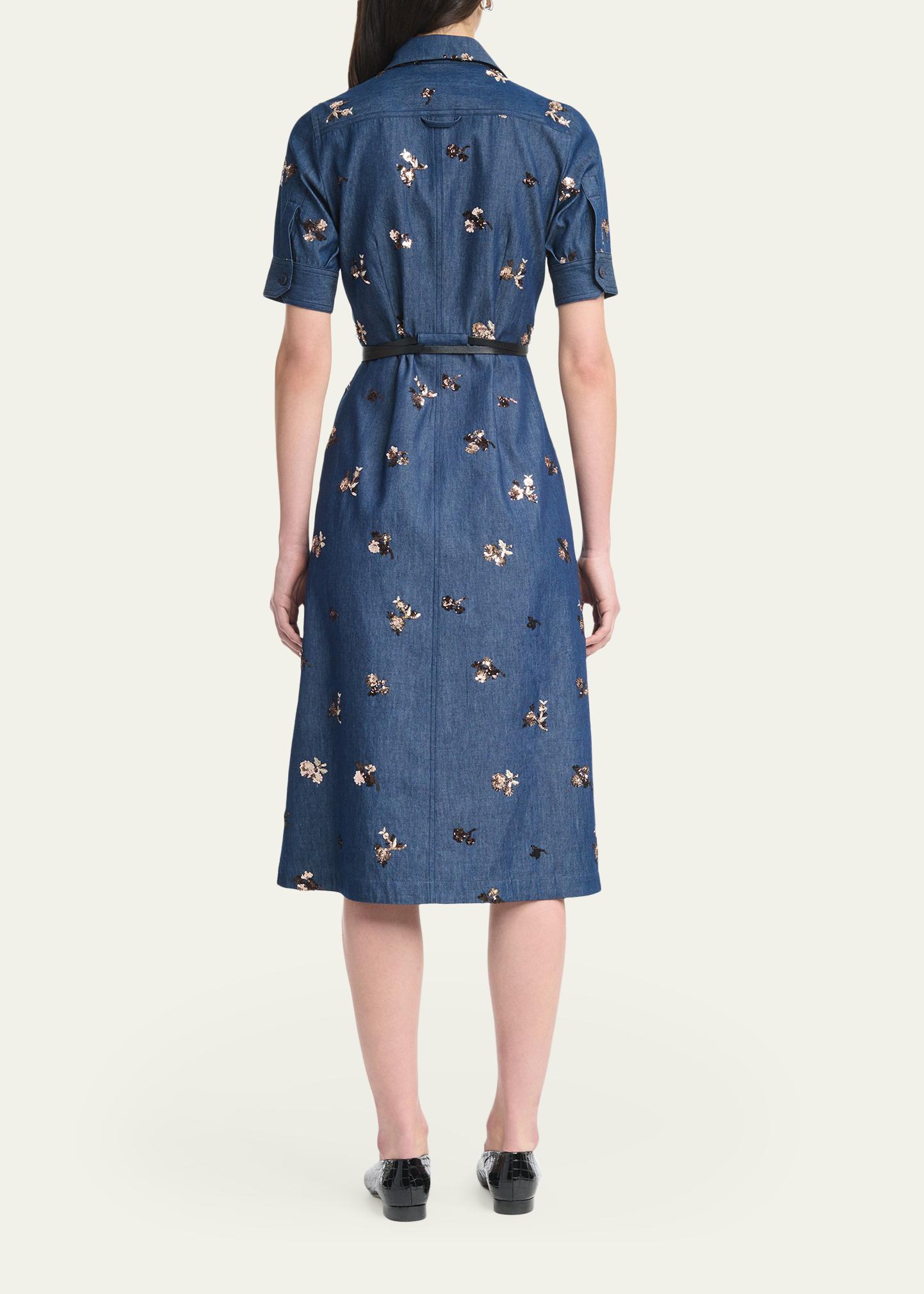 Altuzarra Kieran Sequined Floral Denim Midi Shirtdress With Belt