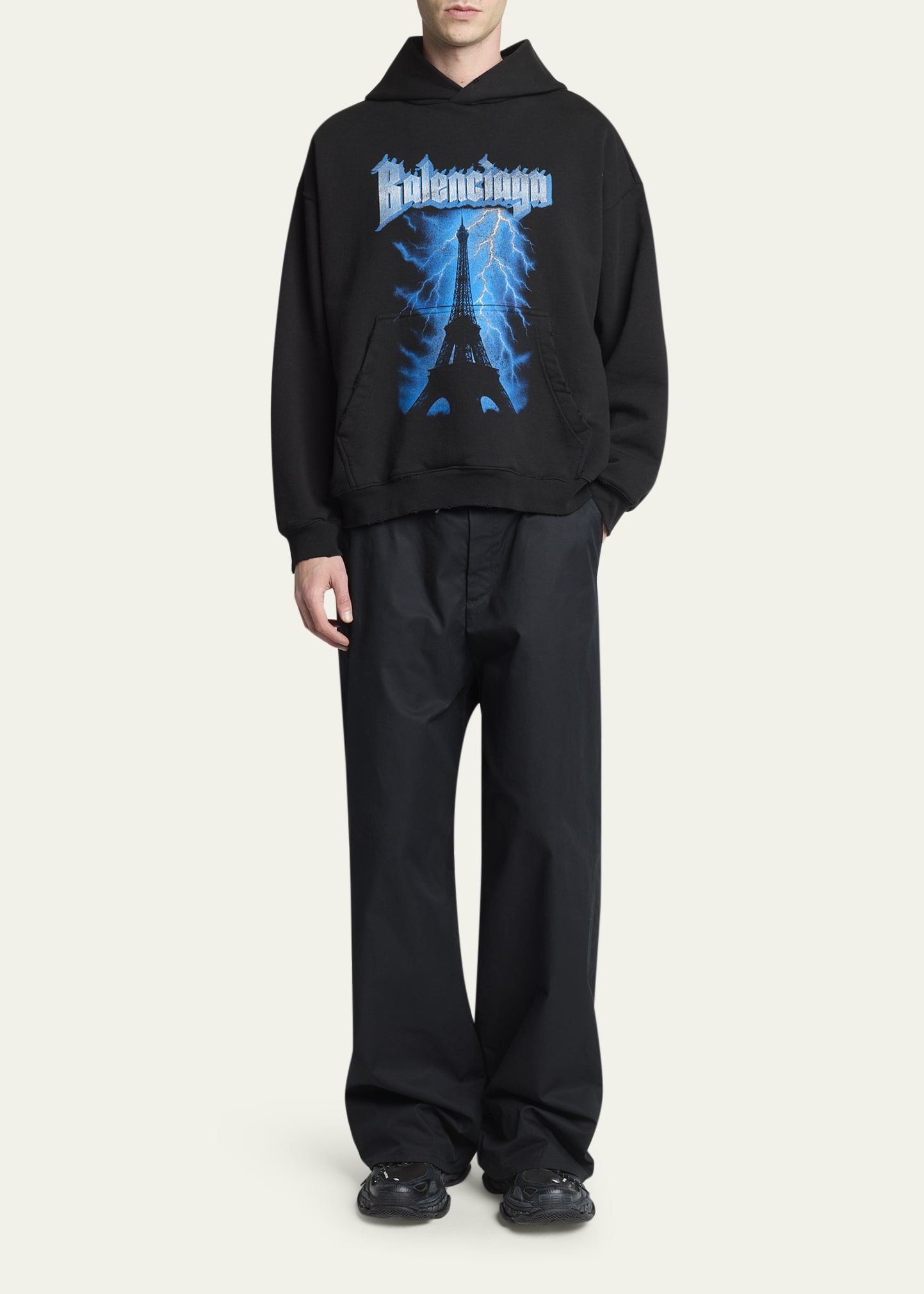 BALENCIAGA バレンシアガ　ネイビー ベルベット ブーティ Balenciaga Men's Paris Thunderstorm Medium-Fit Hoodie - Bergdorf