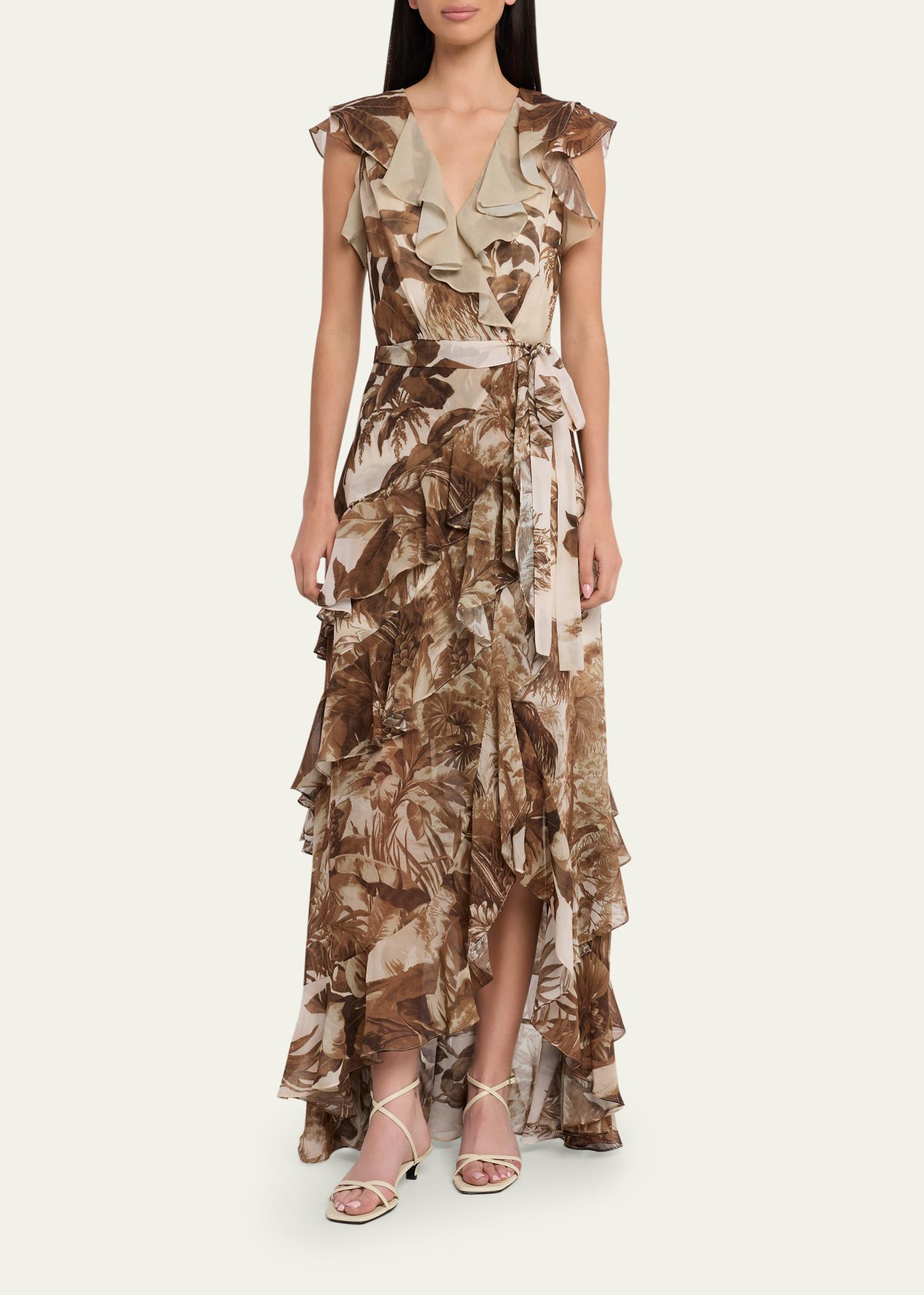 Kobi Halperin Elanor Botanical-Print Ruffle Wrap Maxi Dress