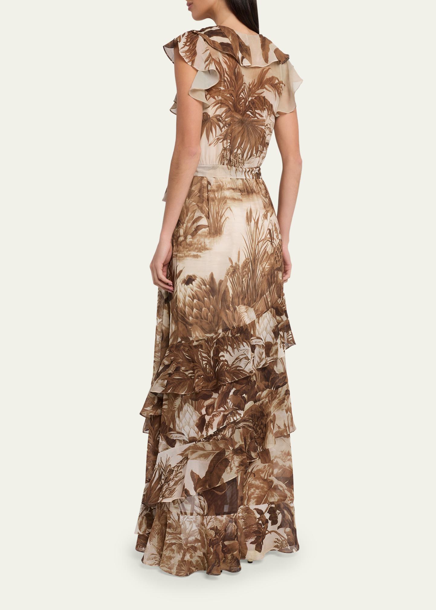 Kobi Halperin Elanor Botanical-Print Ruffle Wrap Maxi Dress