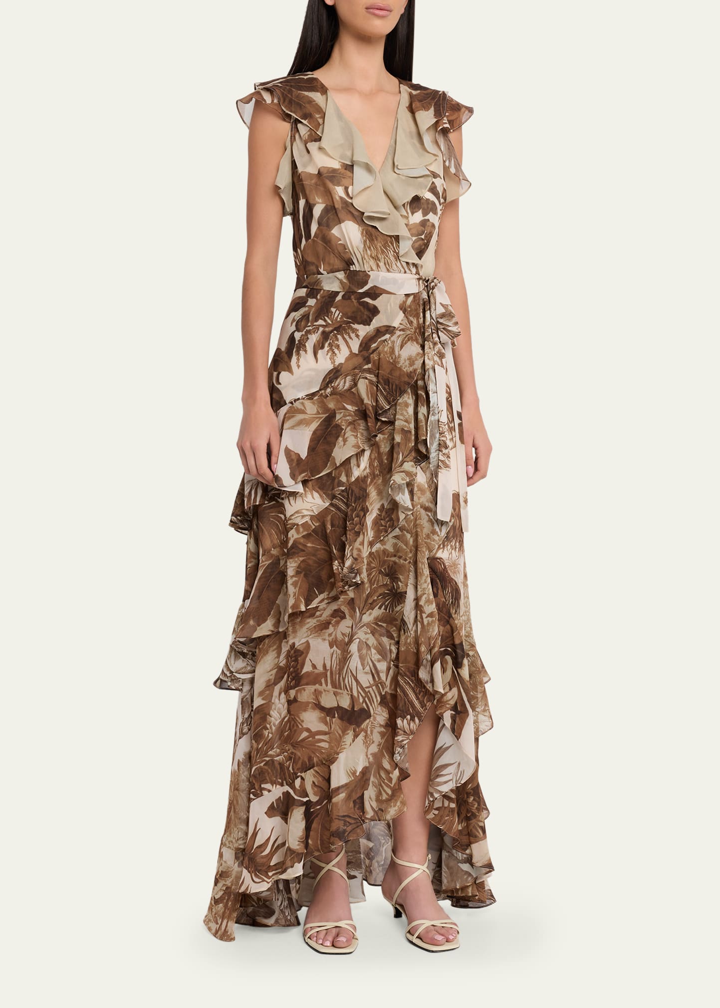 Kobi Halperin Elanor Botanical-Print Ruffle Wrap Maxi Dress