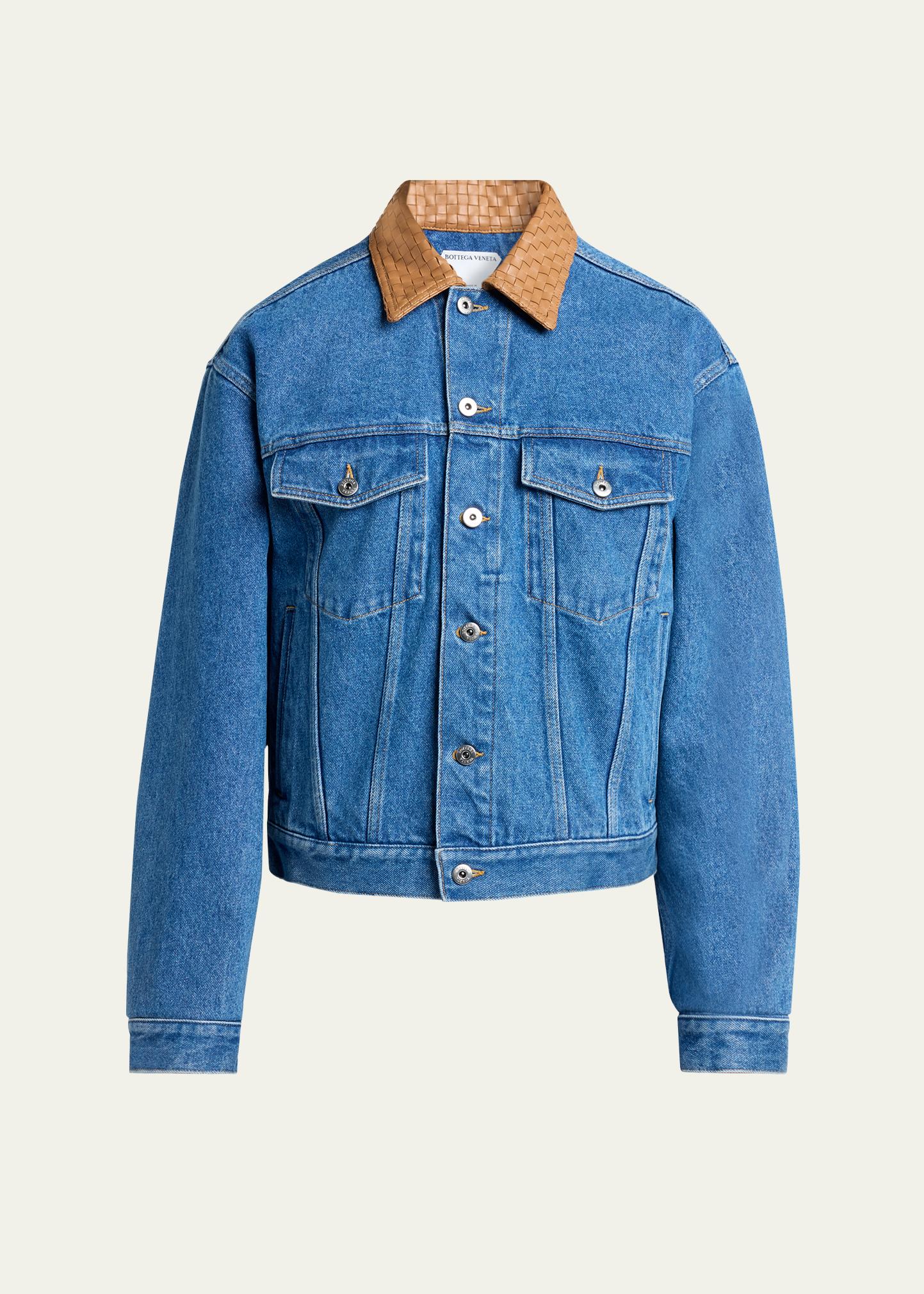 BOTTEGA VENETA デニムジャケット Bottega Veneta Men's Intrecciato-Leather Collar Denim Jacket