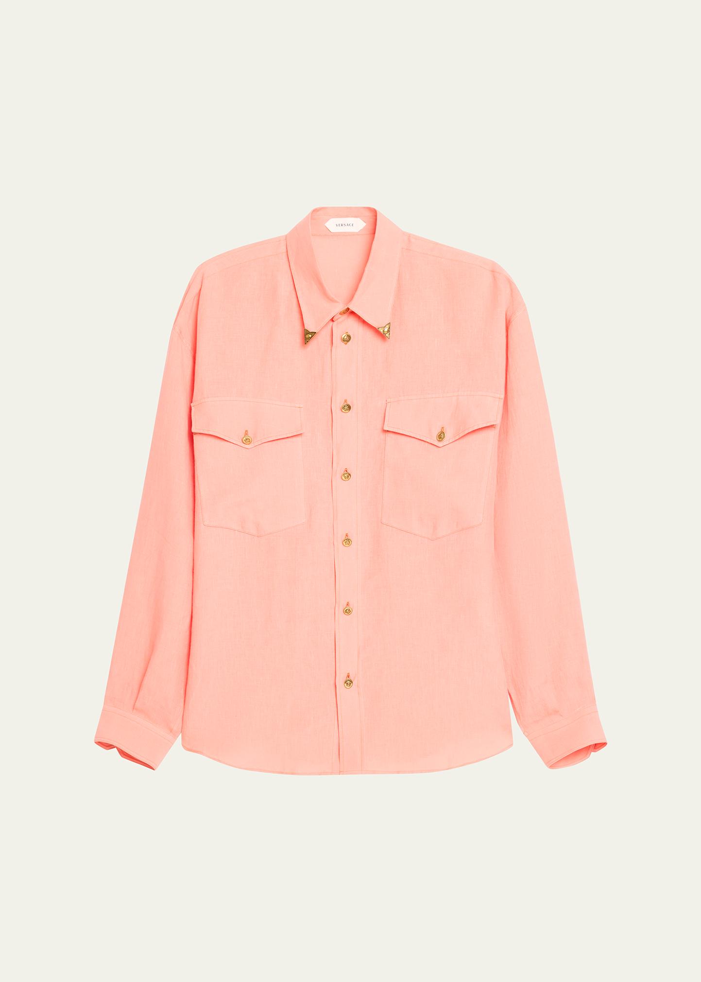 Versace Men's Linen Medusa Metal-Trim Button-Down Shirt - Bergdorf