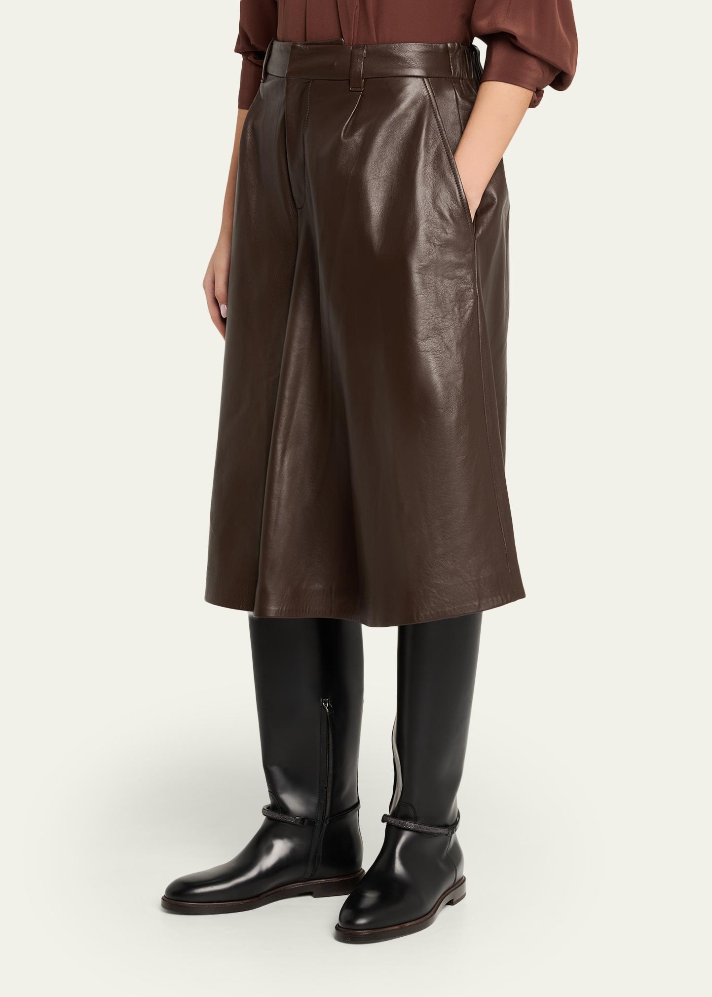 Brunello Cucinelli Pleated Leather Wide-Leg Culotte Pants