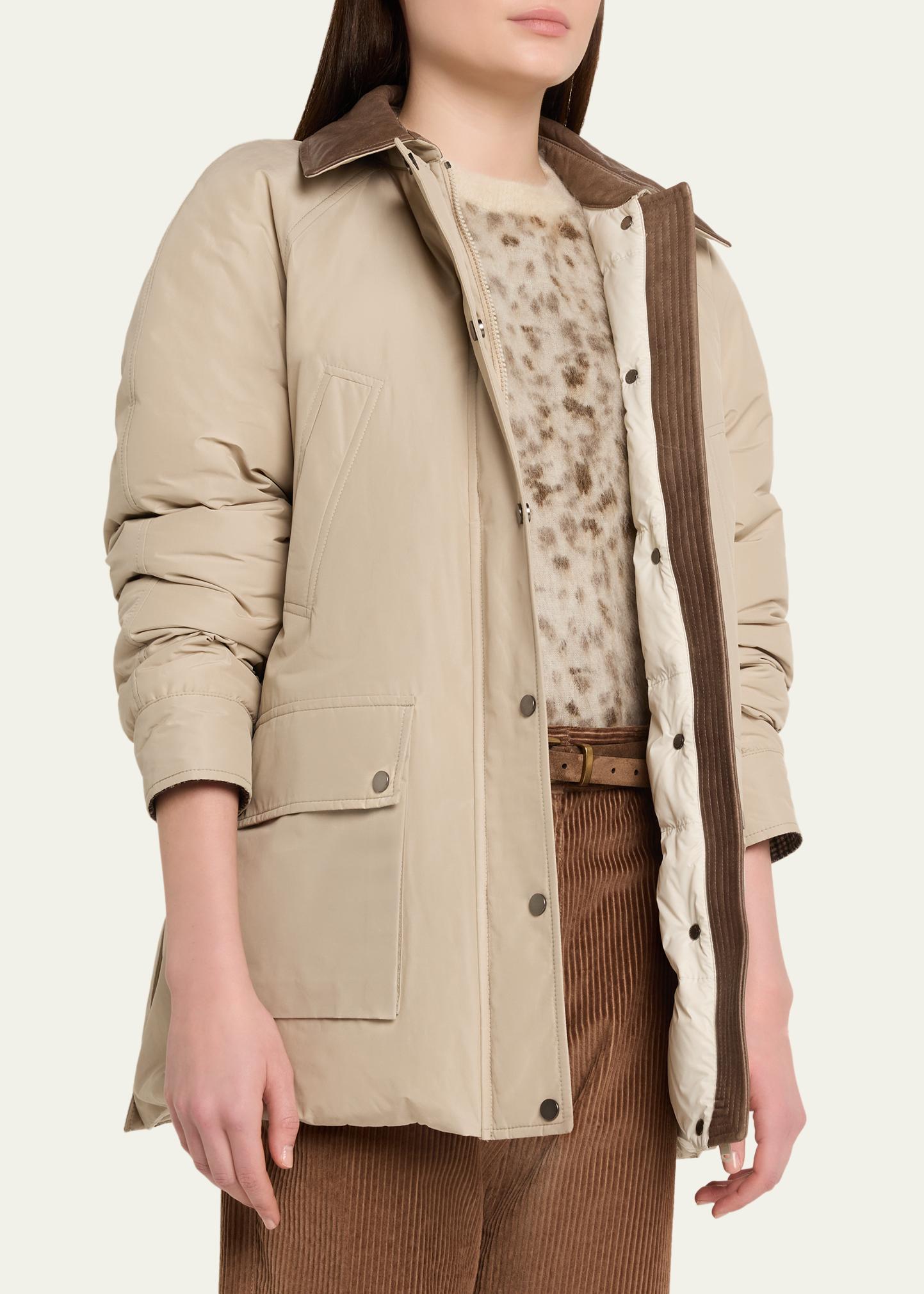 BRUNELLO CUCINELLI 가죽 칼라 패딩 코튼 테크노 카코트