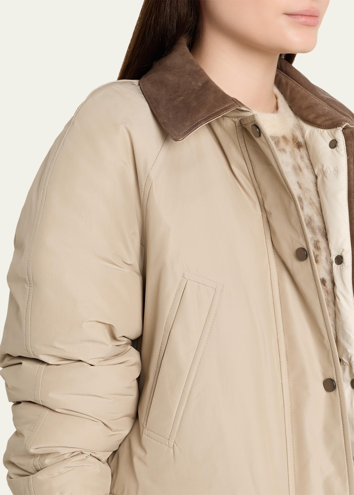 BRUNELLO CUCINELLI 가죽 칼라 패딩 코튼 테크노 카코트