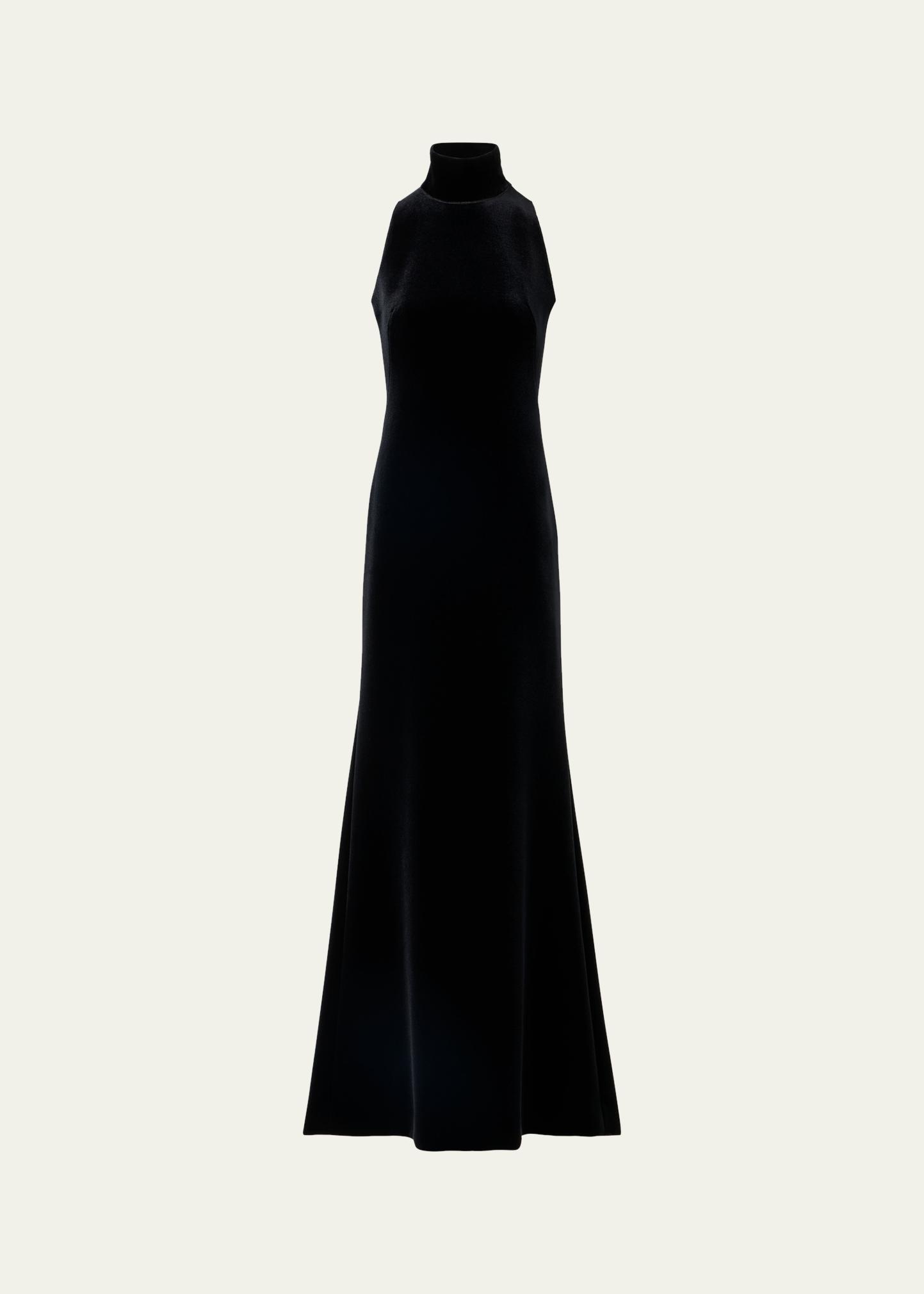 Akris Mock-Neck Fringe Knot Sleeveless Velvet Trumpet Gown