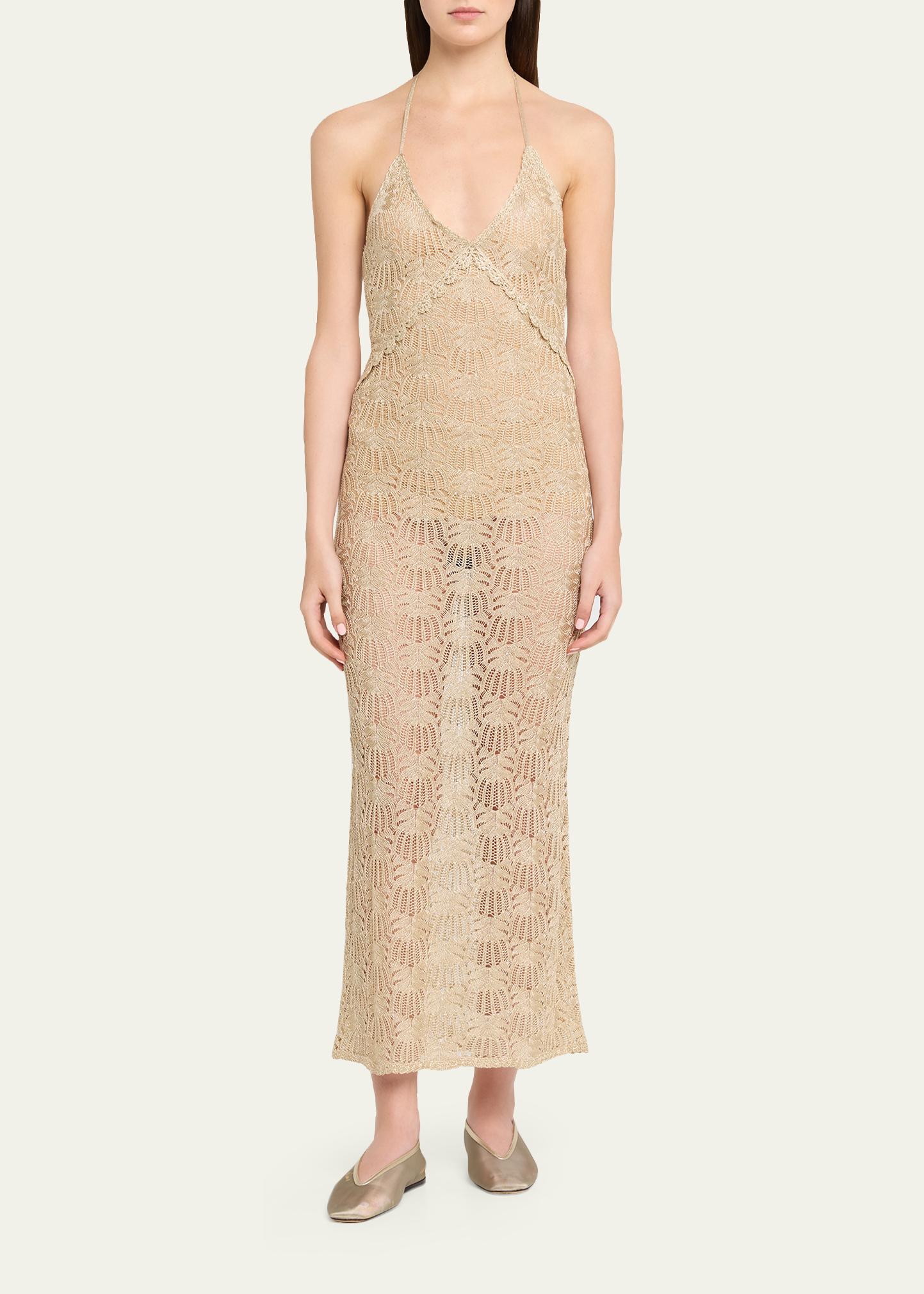 crochet halter dress doja cat Vreya Metallic Maxi for Women in Glimmering Sand, Size: Large, by LoveShackFancy June26NewArrivals9