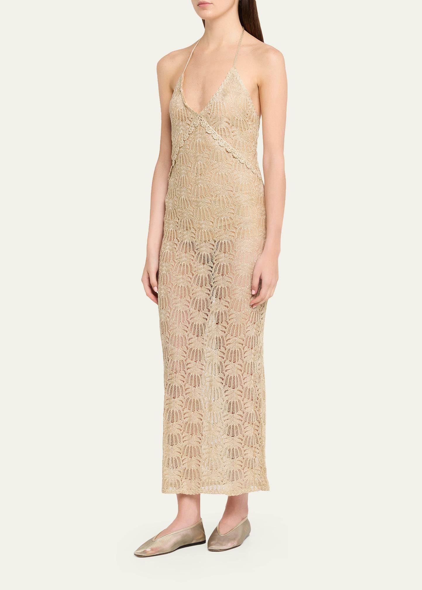 LoveShackFancy Vreya Metallic Crochet Halter Dress - Bergdorf Goodman