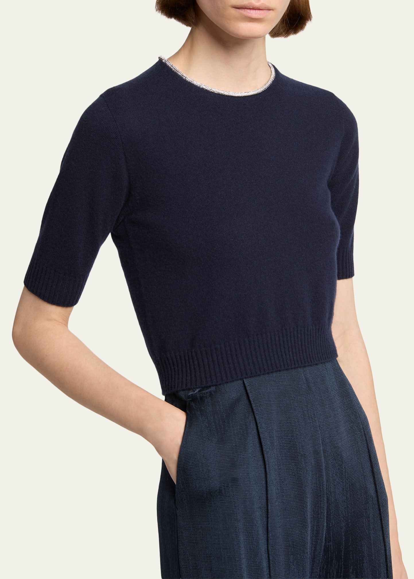 Giorgio Armani Crystal-Collar Cashmere Short-Sleeve Crop Sweater