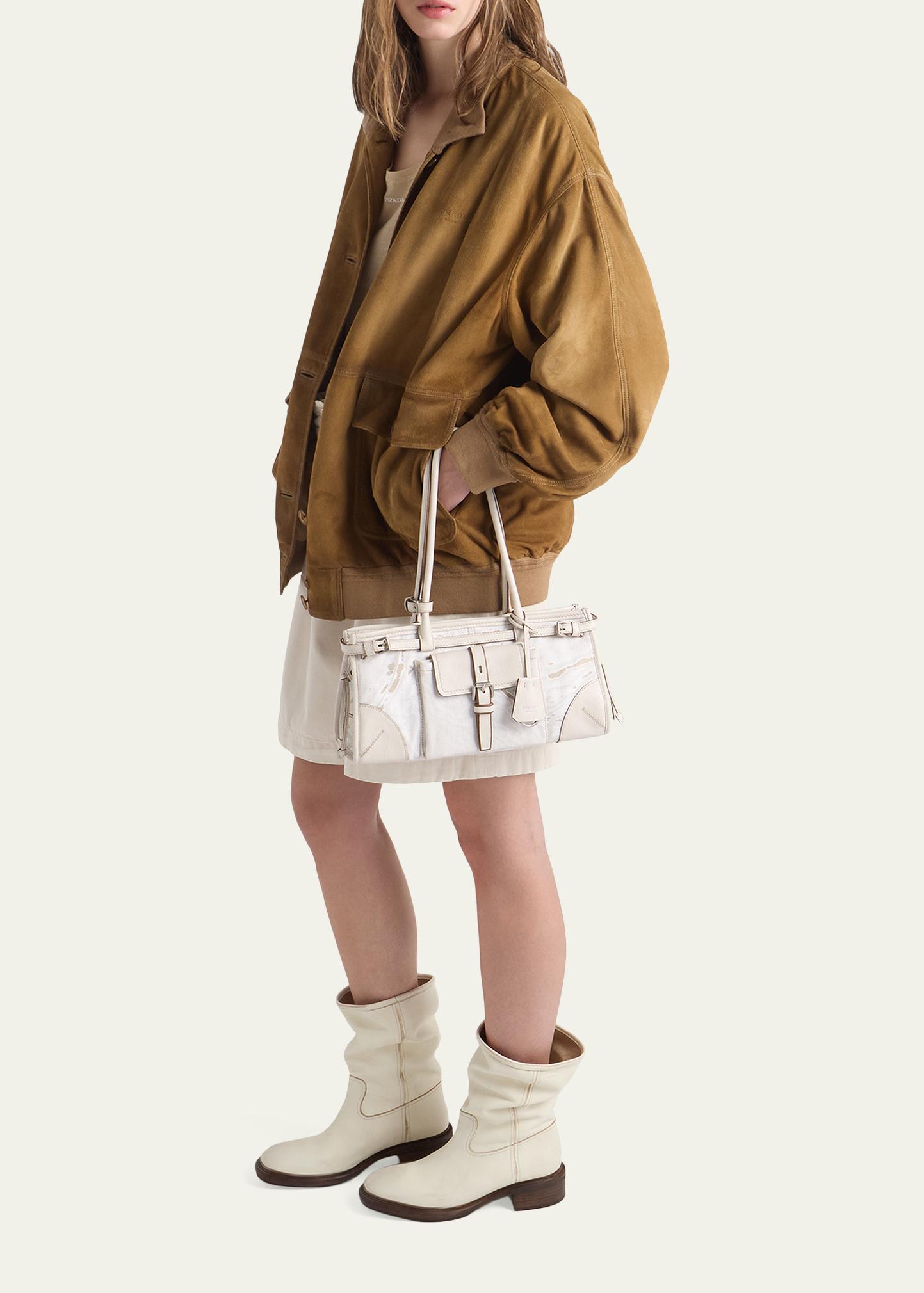 PRADA ボストンバッグ ホワイト・バーガンディ Prada Bonnie Medium Printed Linen & Leather Shoulder Bag
