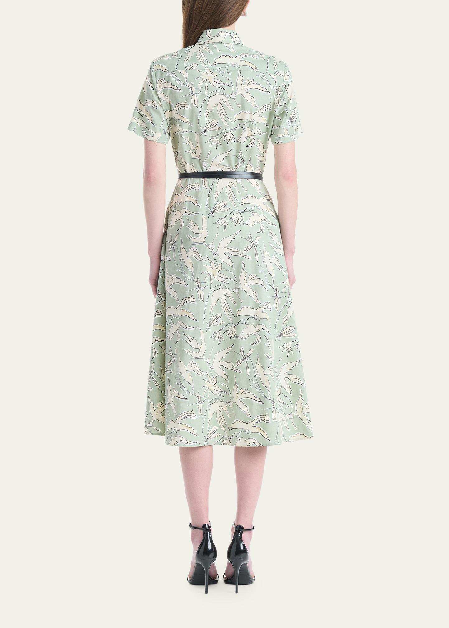 Altuzarra Kieran Bird-Print Cotton Belted Midi Shirtdress