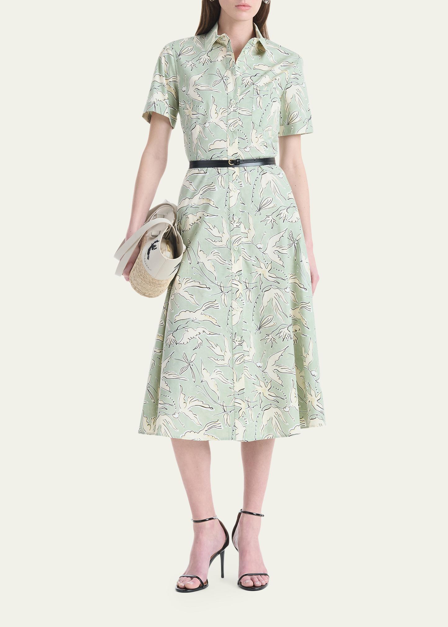 Altuzarra Kieran Bird-Print Cotton Belted Midi Shirtdress