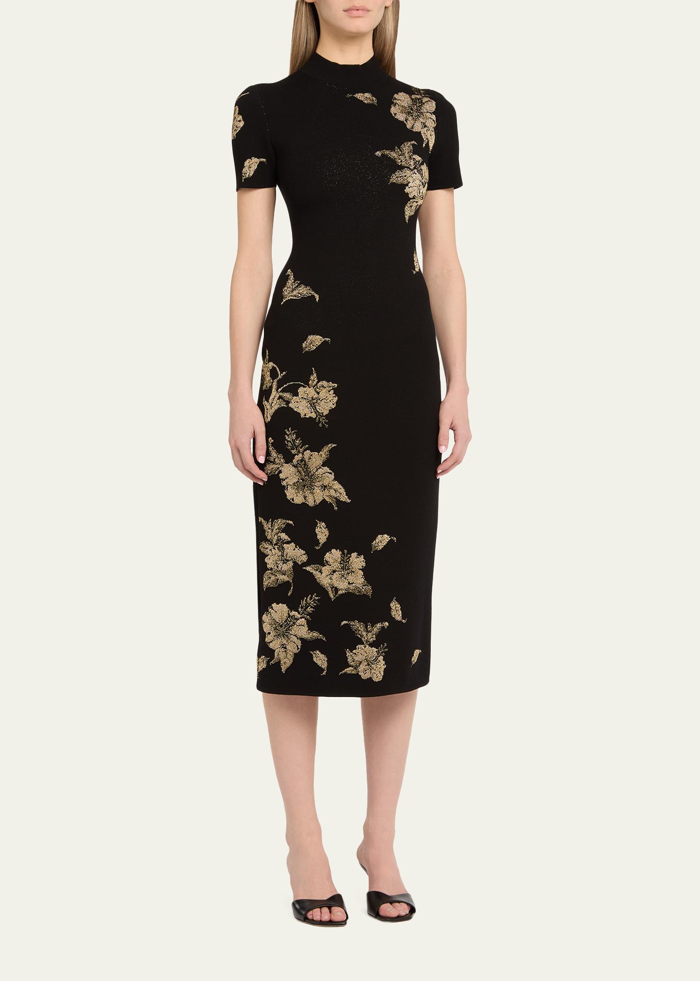 Oscar de la Renta Metallic Hibiscus Flower Knit Short-Sleeve Midi