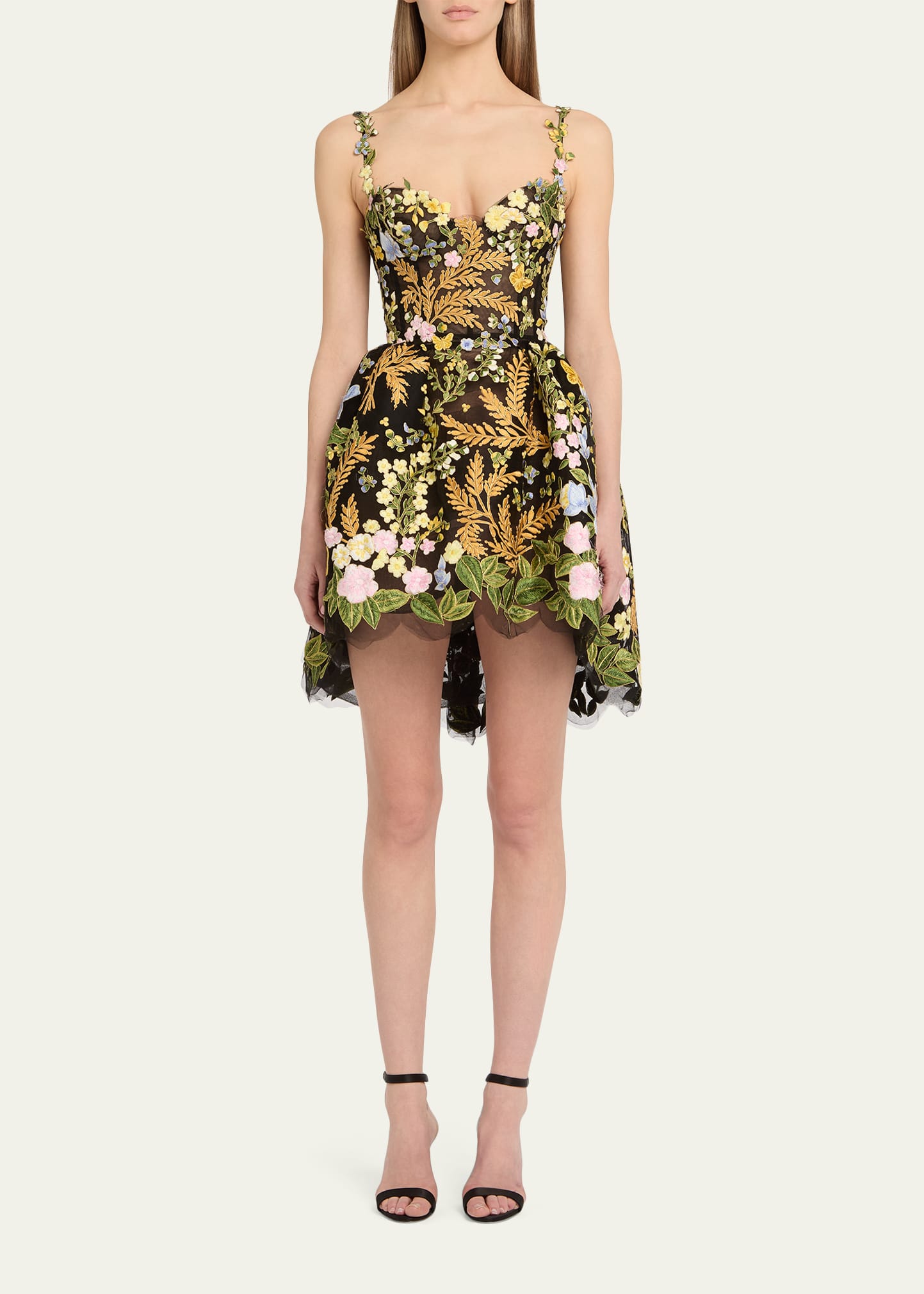 celine embroidered puff ball bustier dress Oscar de la Renta Mixed Botanical Embroidered Tulle High-Low Bustier Dress