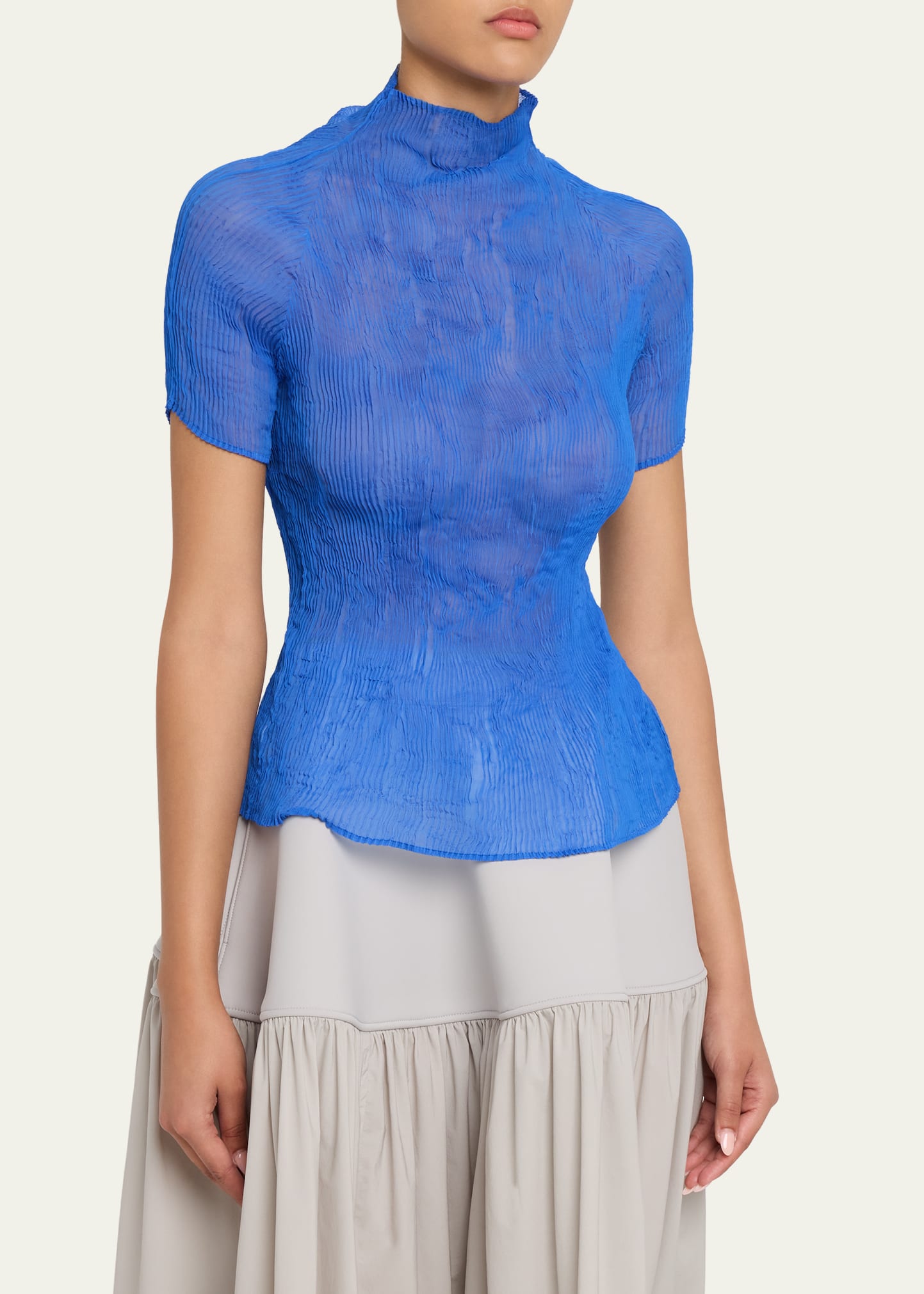 mizuasobi Sheer Top & Bottom （blue） Issey Miyake Twisted Chiffon Plisse Mock-Neck Top - Bergdorf Goodman
