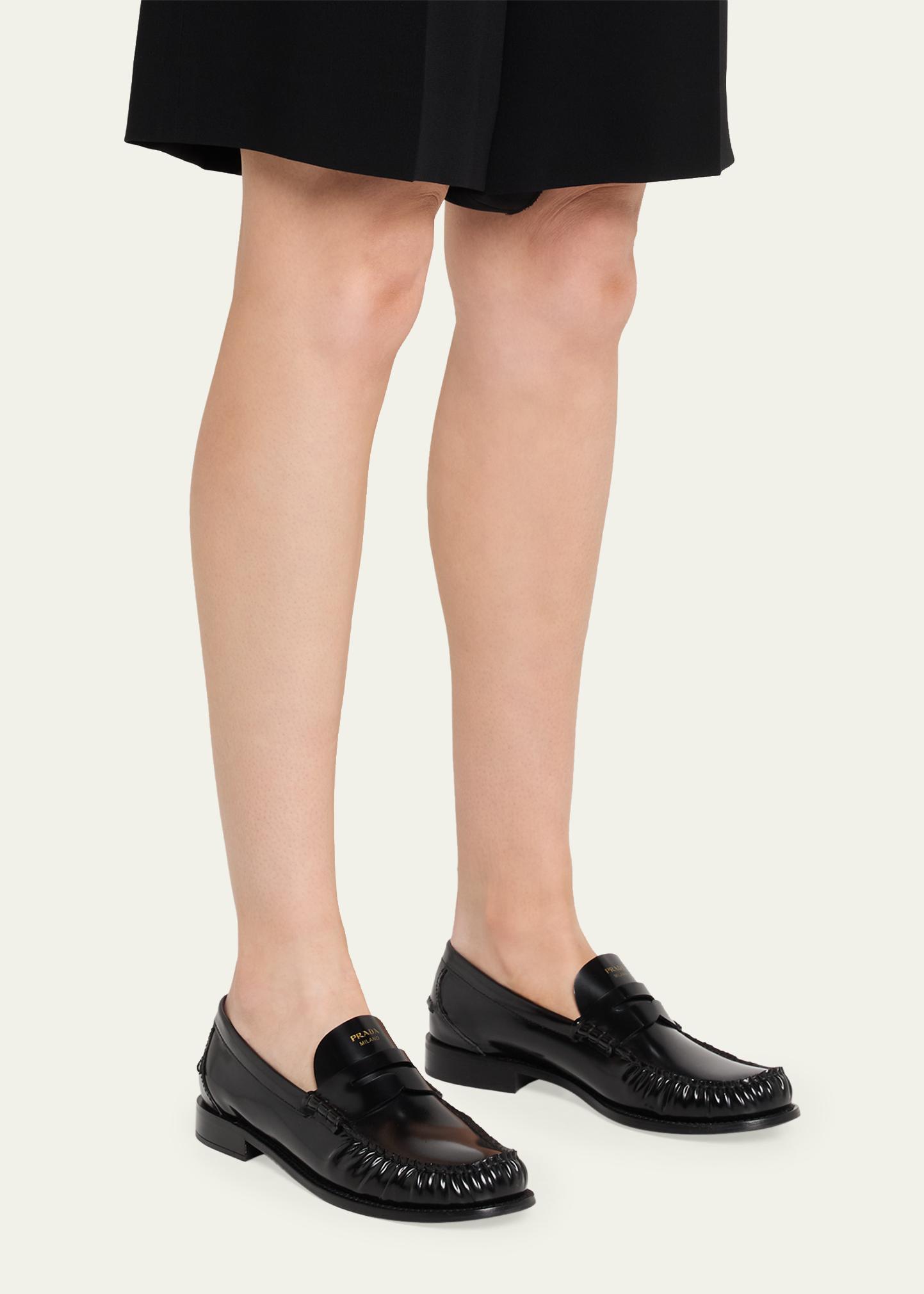 Prada 20mm Leather Moc-Toe Penny Loafers - Bergdorf Goodman