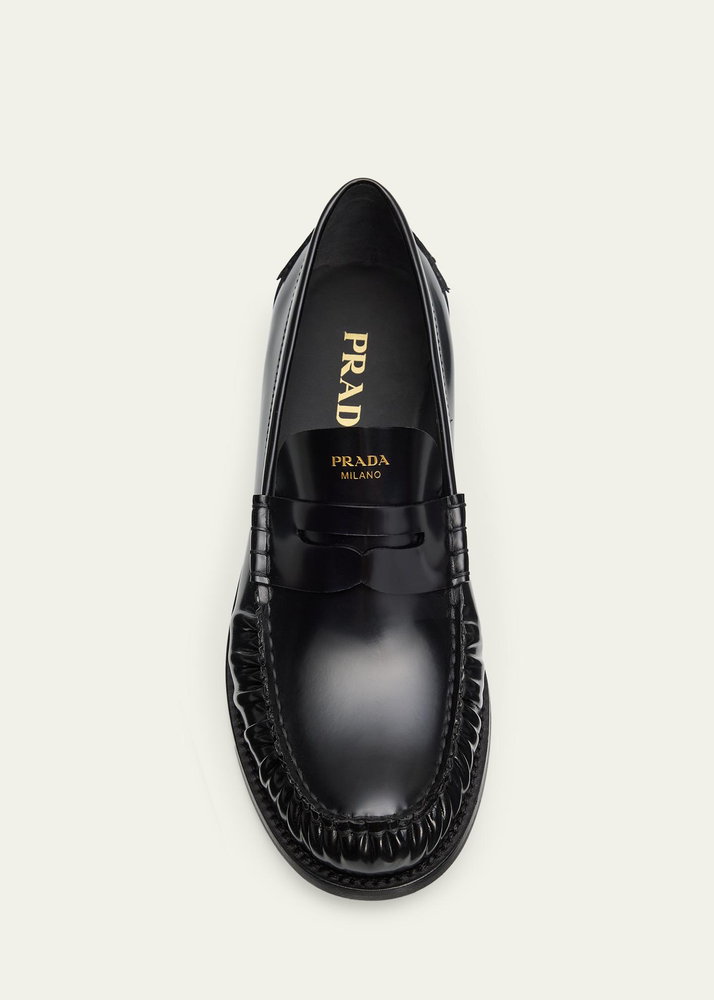 Prada 20mm Leather Moc-Toe Penny Loafers - Bergdorf Goodman