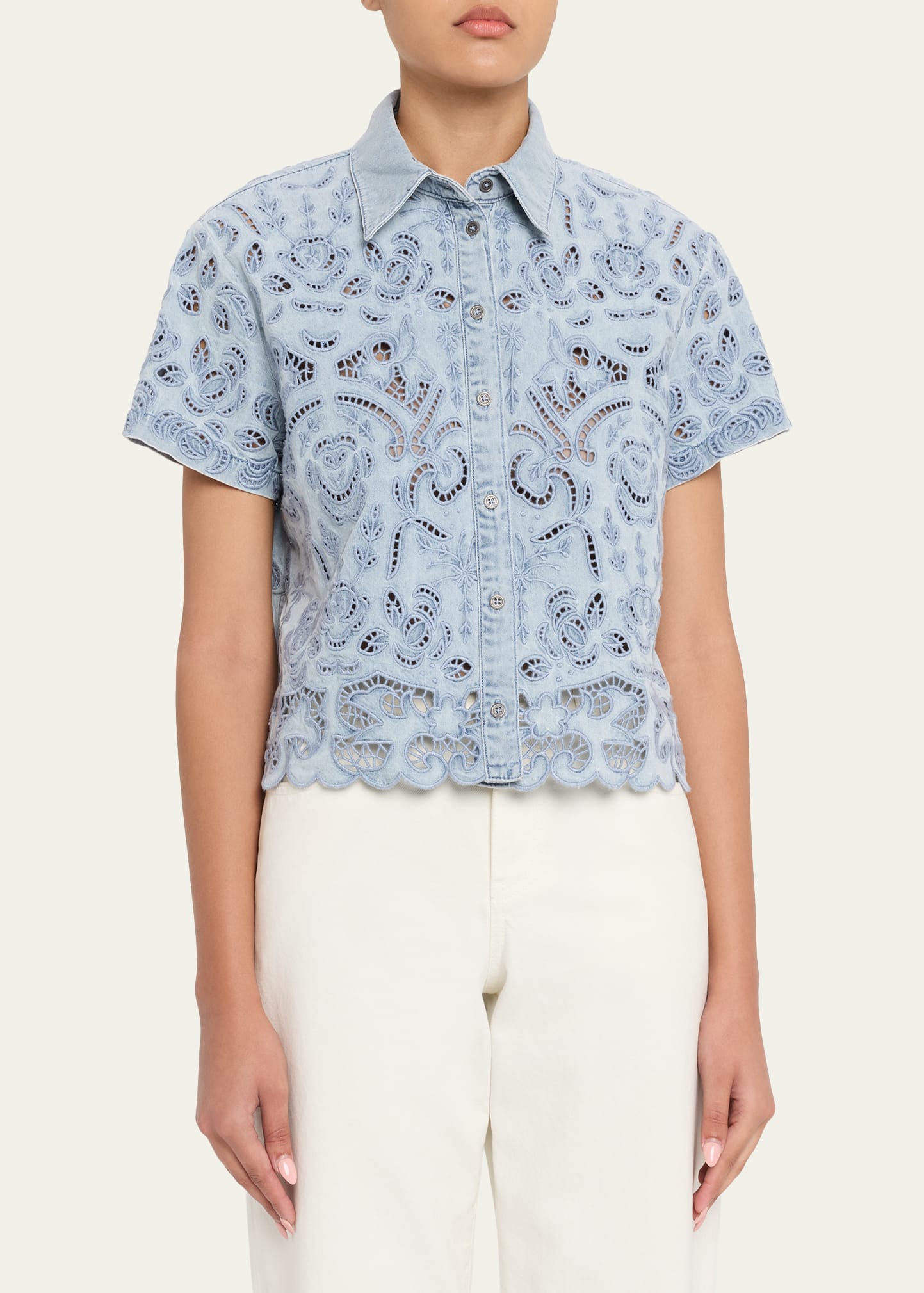 ALICE + OLIVIA Lane Embroidered Denim Button-Front Shirt