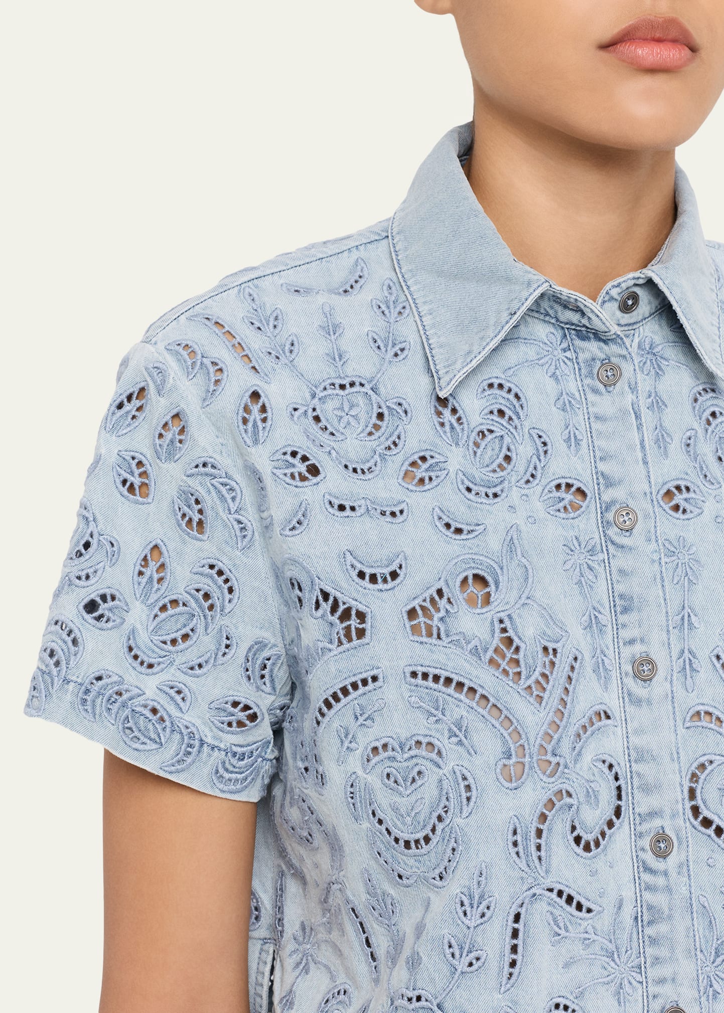 ALICE + OLIVIA Lane Embroidered Denim Button-Front Shirt