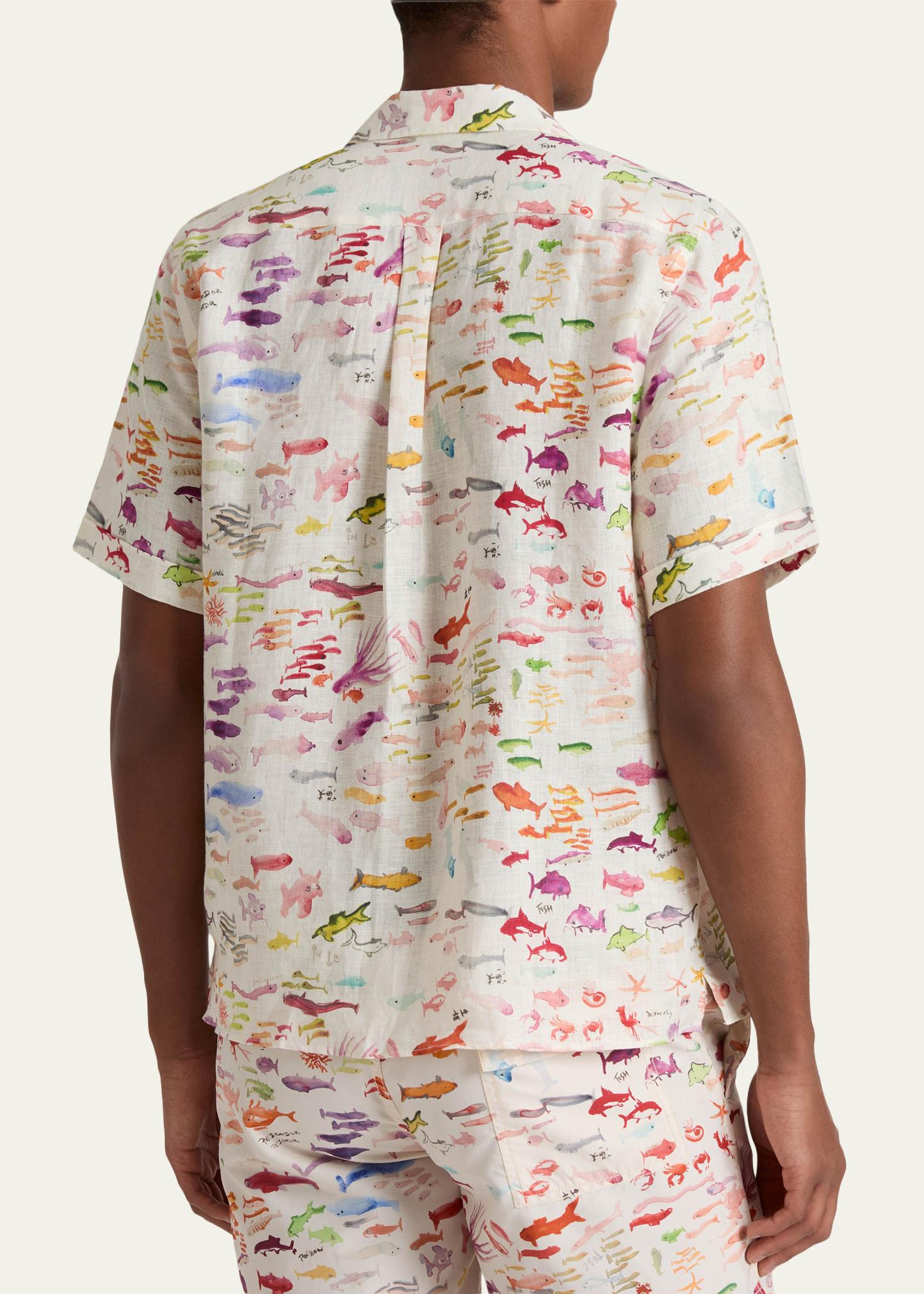 Vilebrequin x Fabrice Hyber Men's Pescador Linen Camp Shirt