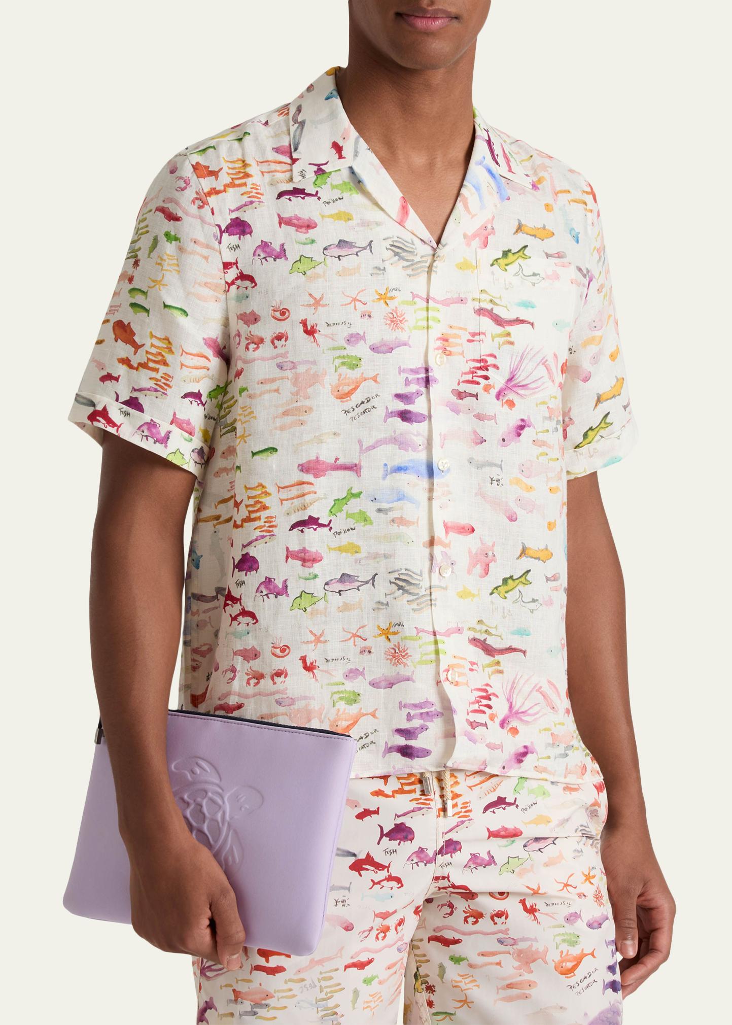 Vilebrequin x Fabrice Hyber Men's Pescador Linen Camp Shirt
