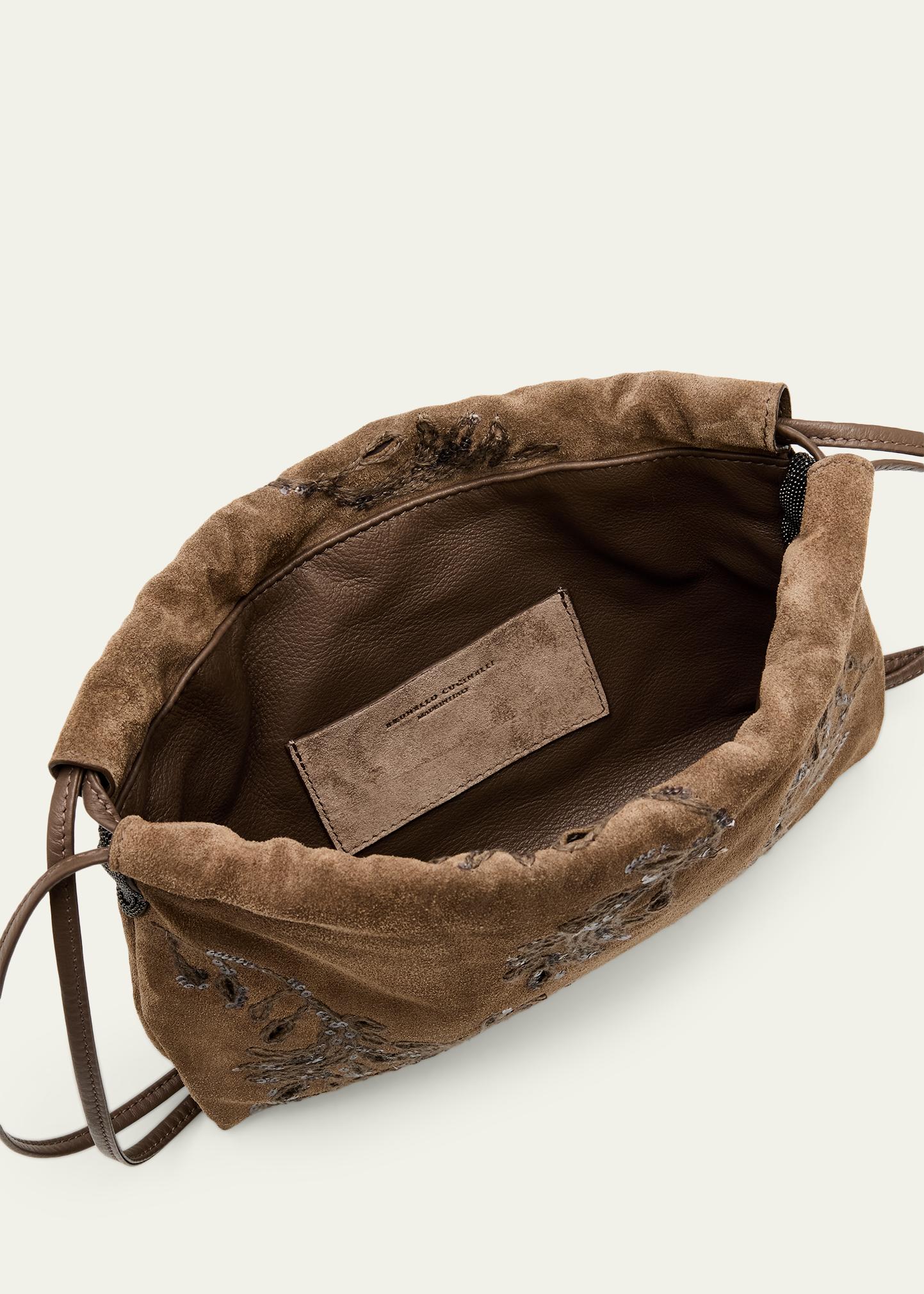 Brunello Cucinelli Mini Floral-Embroidered Suede Pouch Bag