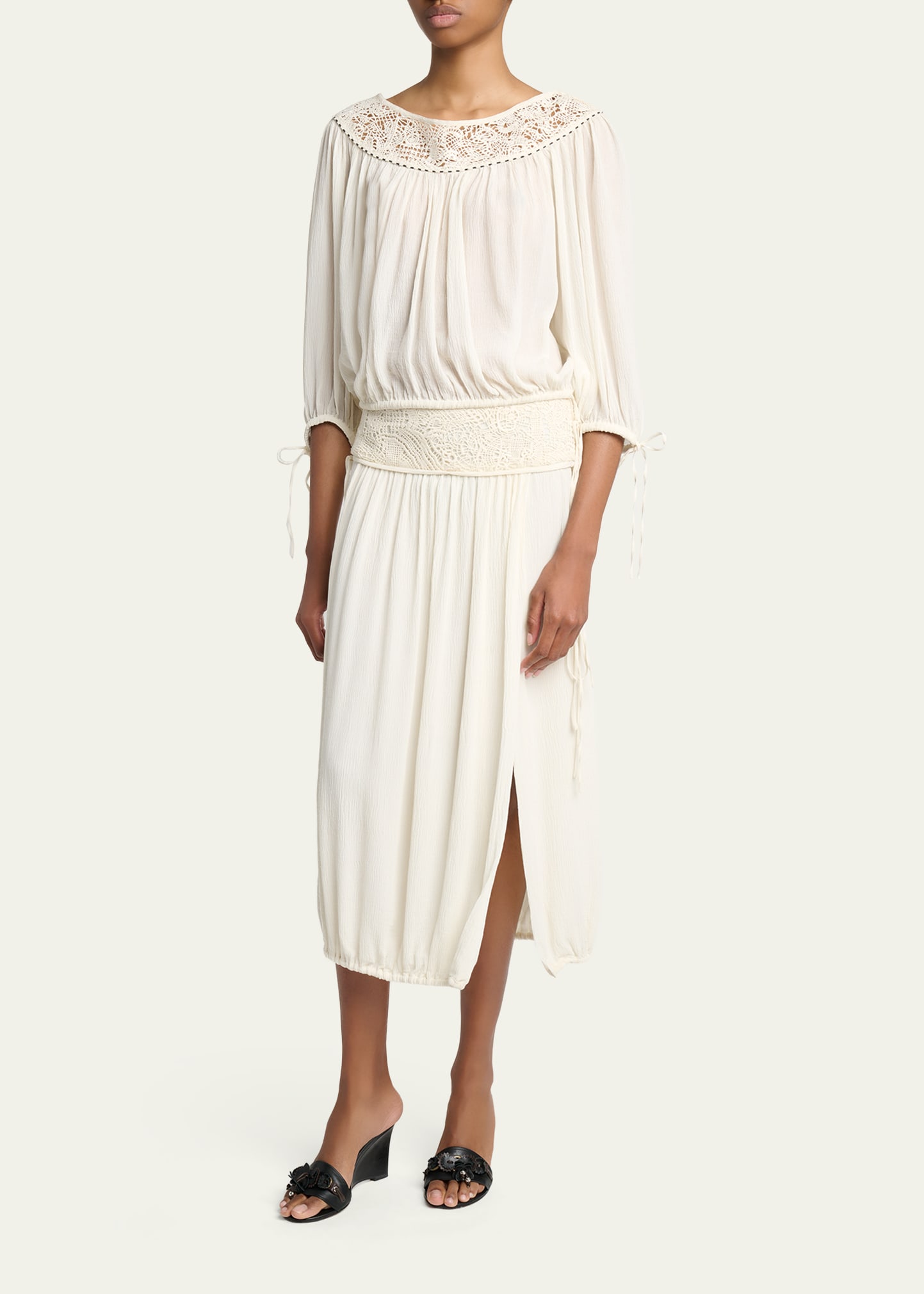 Isabel Marant Nilma Guipure Lace Crinkle Silk Midi Balloon Skirt