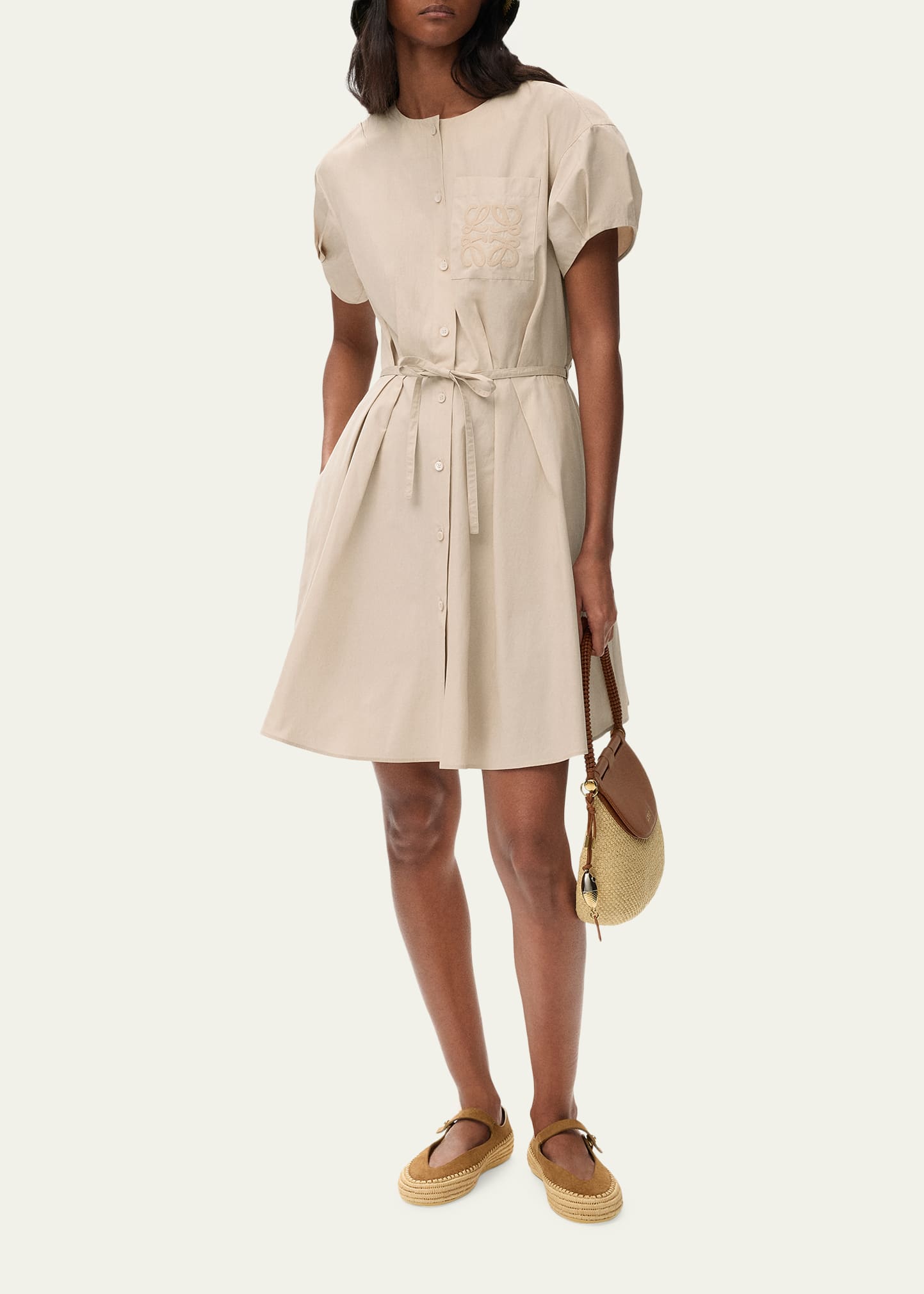 Loewe x Paula's Ibiza Anagram Puff-Sleeve Pleated Mini Shirtdress