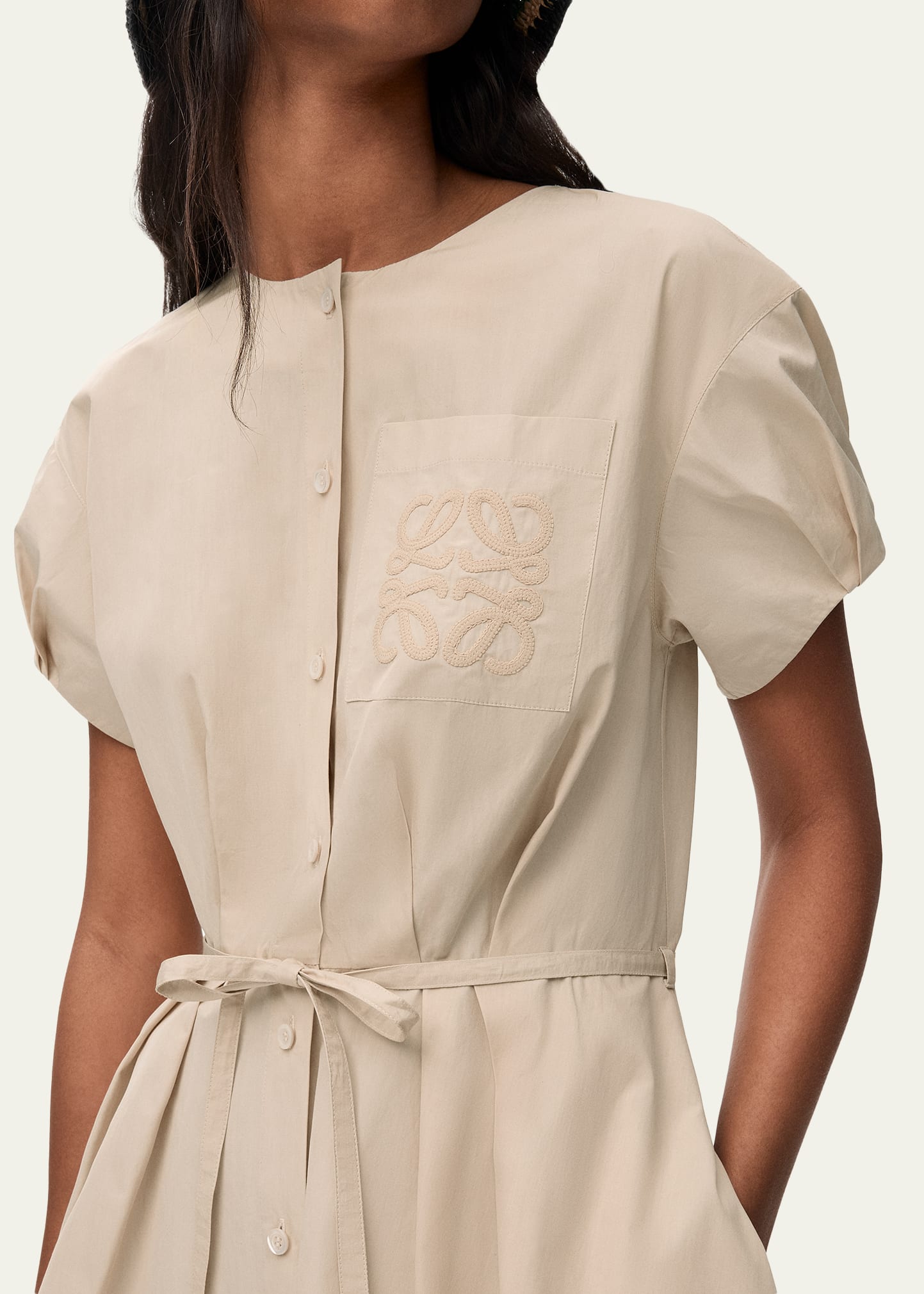 Loewe x Paula's Ibiza Anagram Puff-Sleeve Pleated Mini Shirtdress