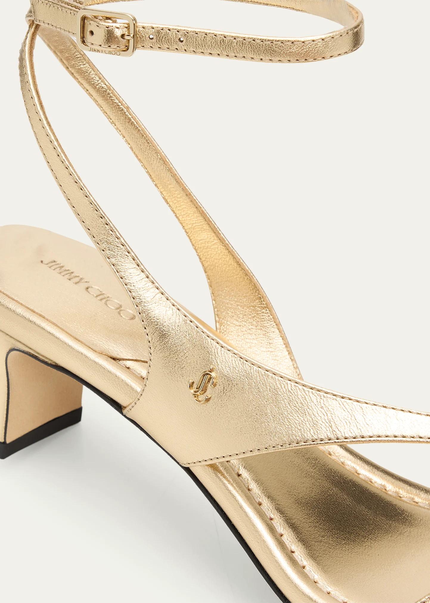 Jimmy Choo 45mm Faye Metallic Leather Asymmetric Ankle-Strap