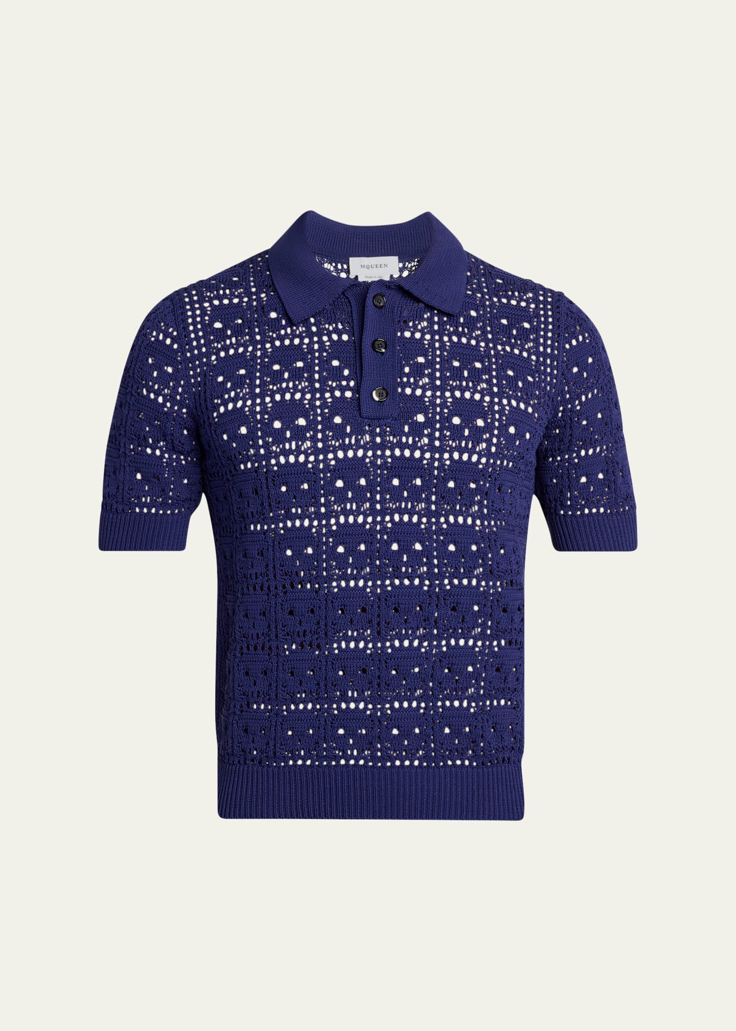 McQueen Men's Cotton Crochet Skull Openwork Short-Sleeve Polo