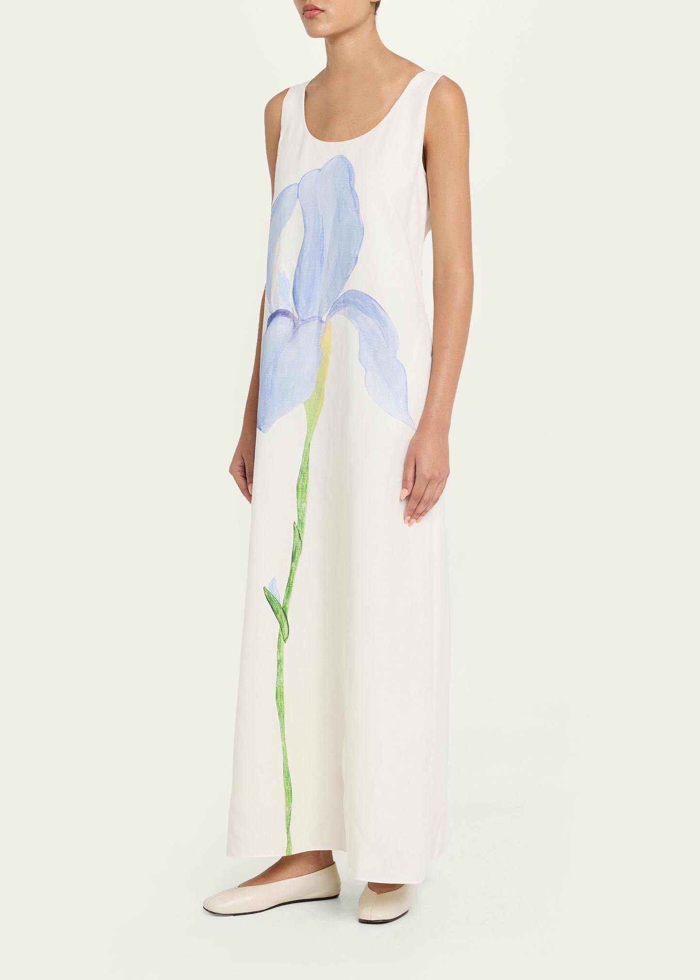 Lafayette 148 Silk-Linen Iris Print Maxi Dress - White