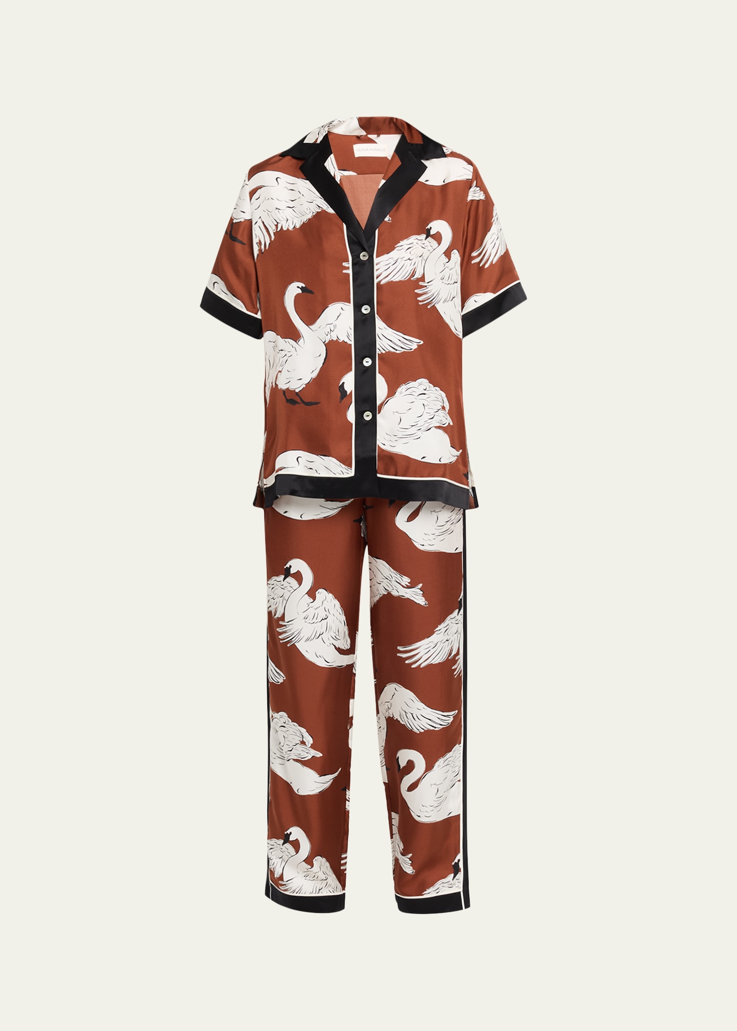 Olivia von Halle Tilda Ines Swan-Print Silk Twill Pajama Set