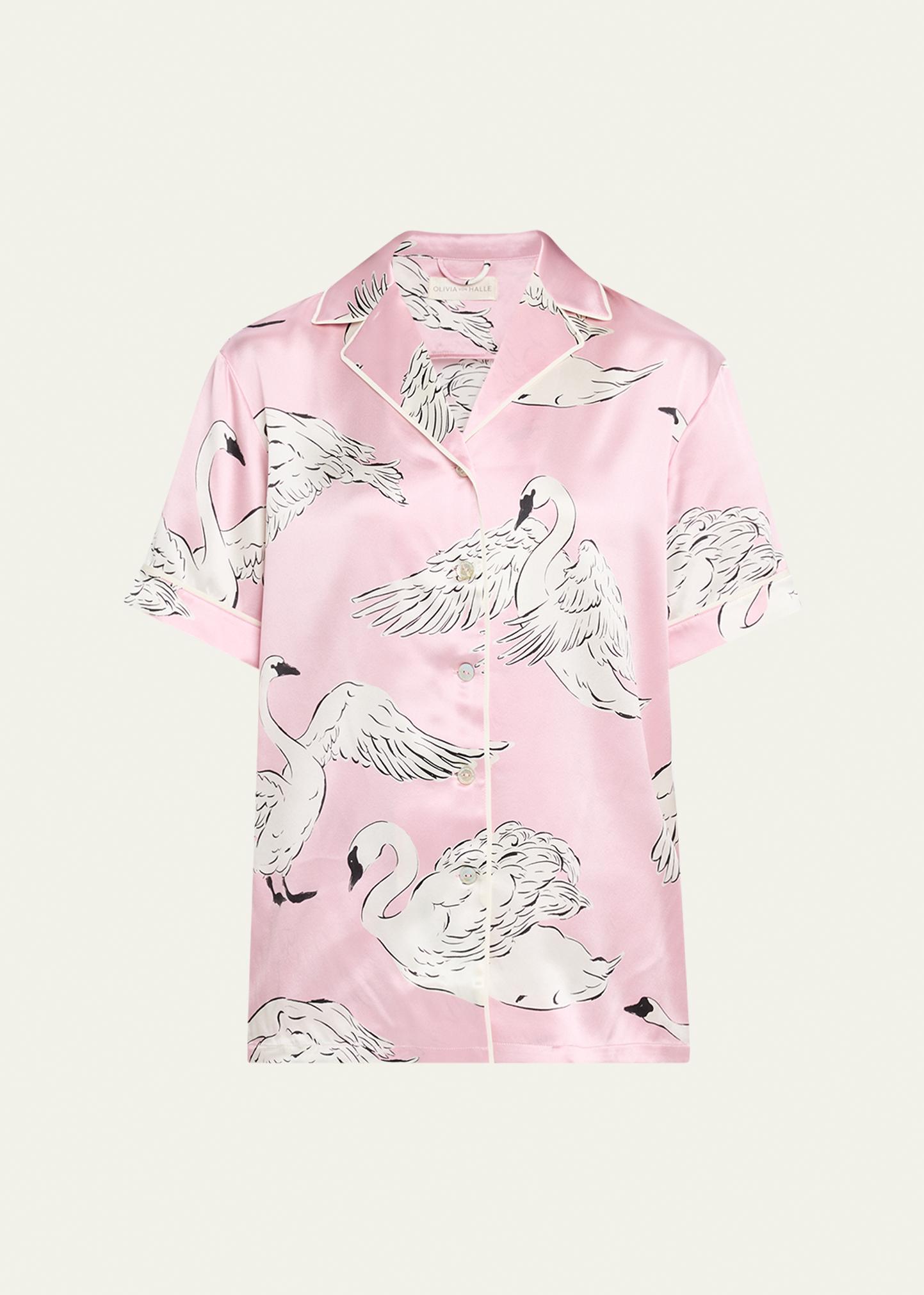 Olivia von Halle Ingo Selene Swan-Print Silk Satin Pajama Set