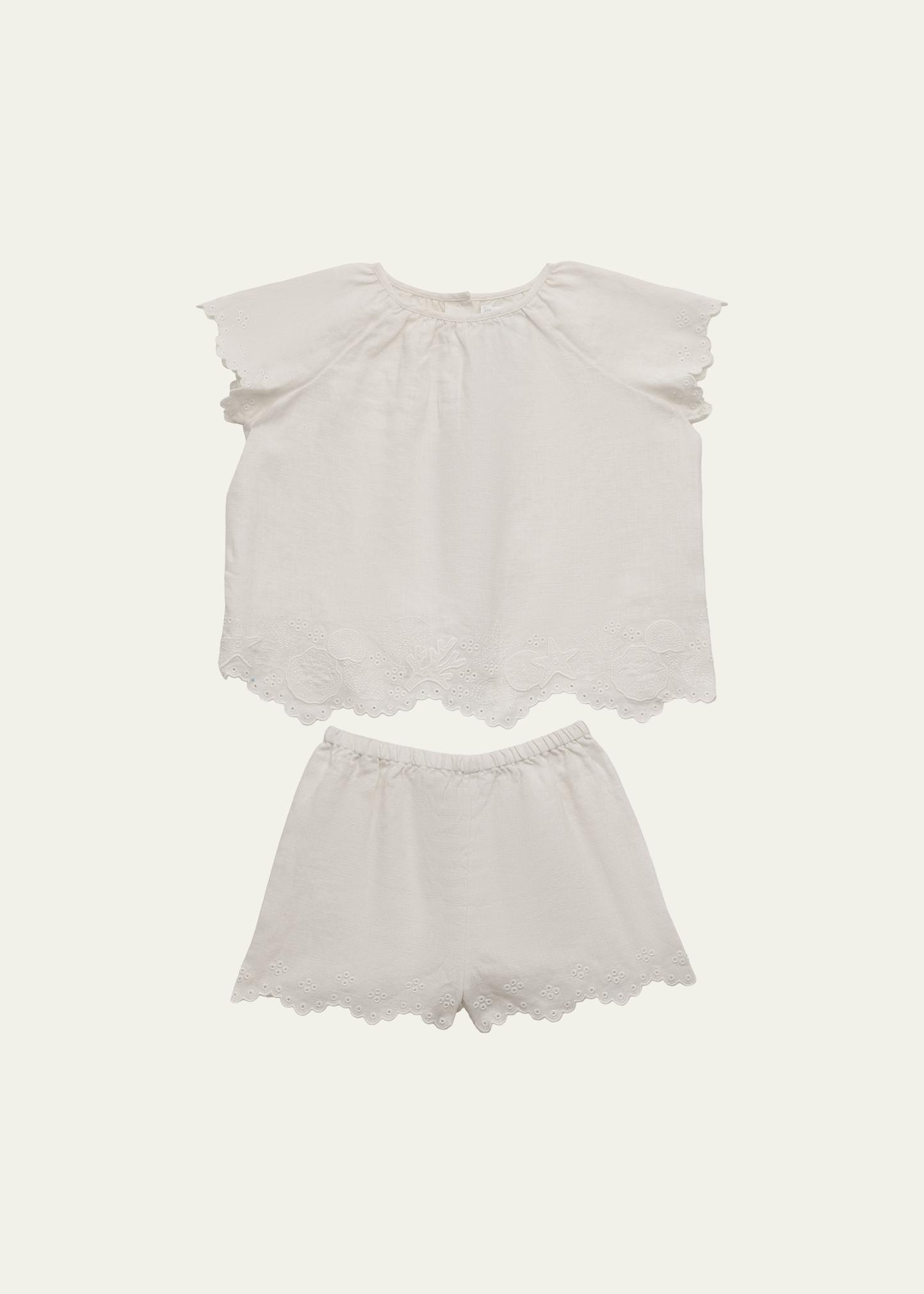 Ralph Lauren Girl's Starfish-Embroidered Linen Top & Shorts Set, Size 3M-24M