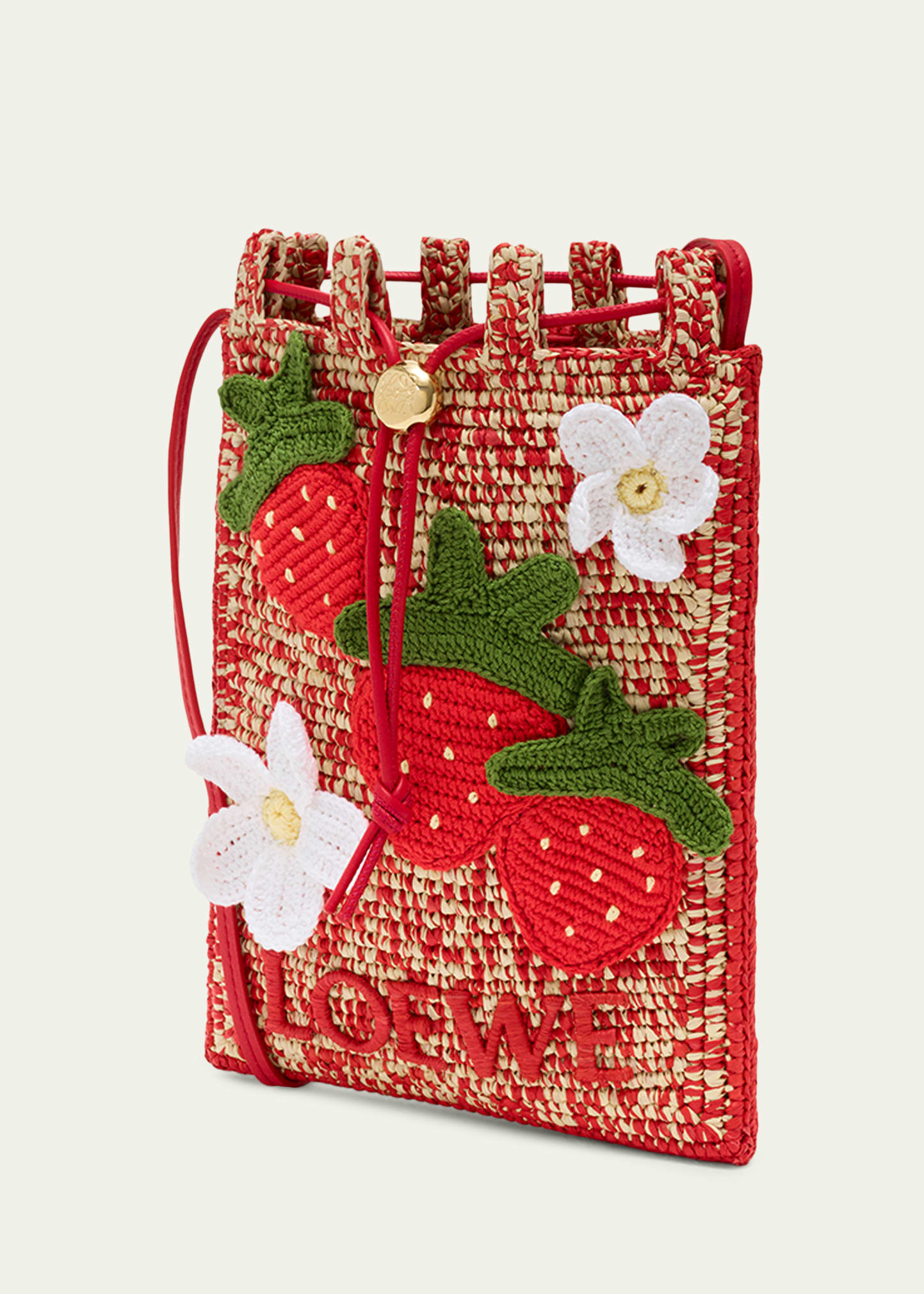Loewe x Paula's Ibiza Strawberry Applique Raffia Pouch Bag