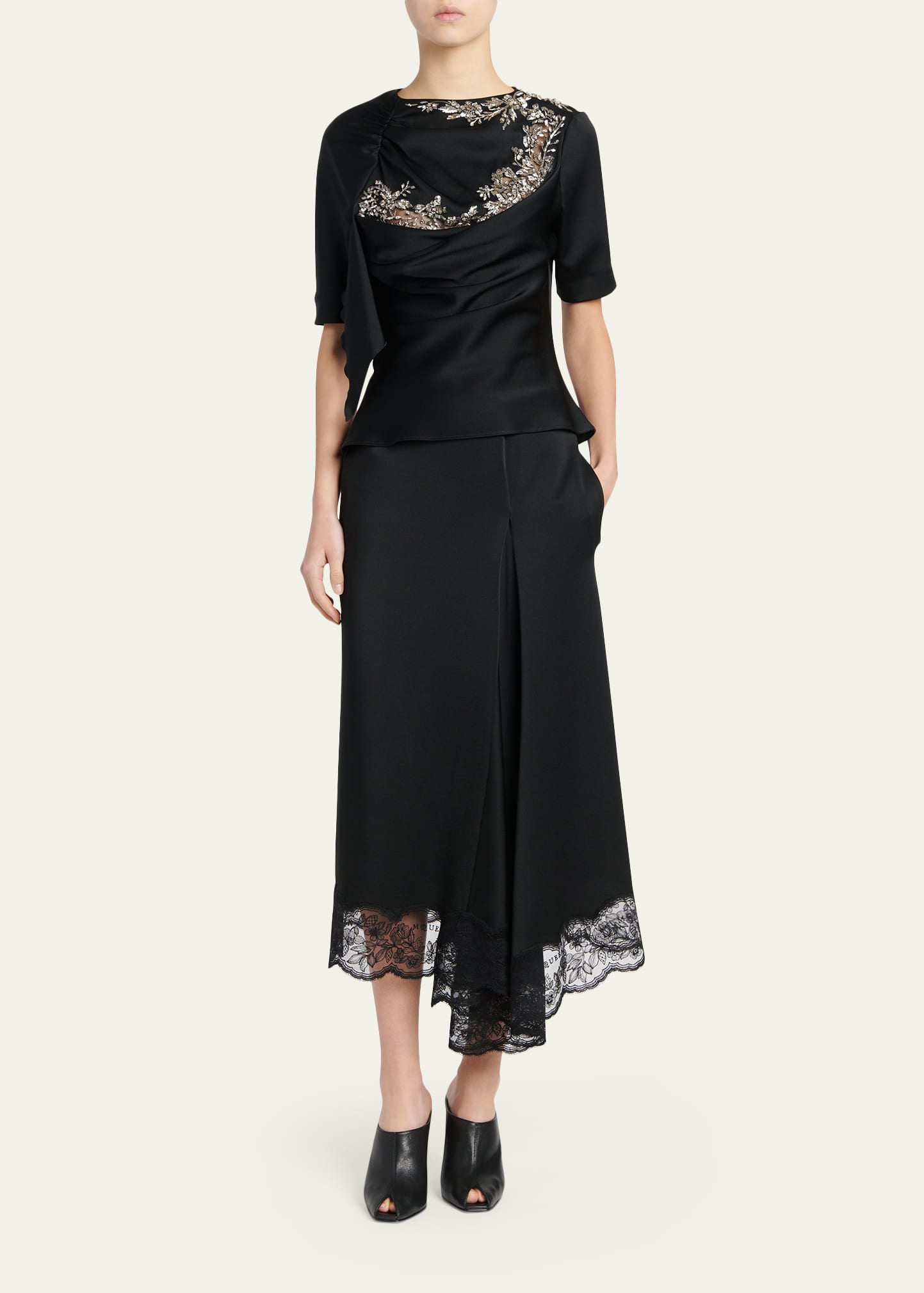 McQueen Asymmetric Lace-Trim Satin Midi Skirt - Bergdorf Goodman