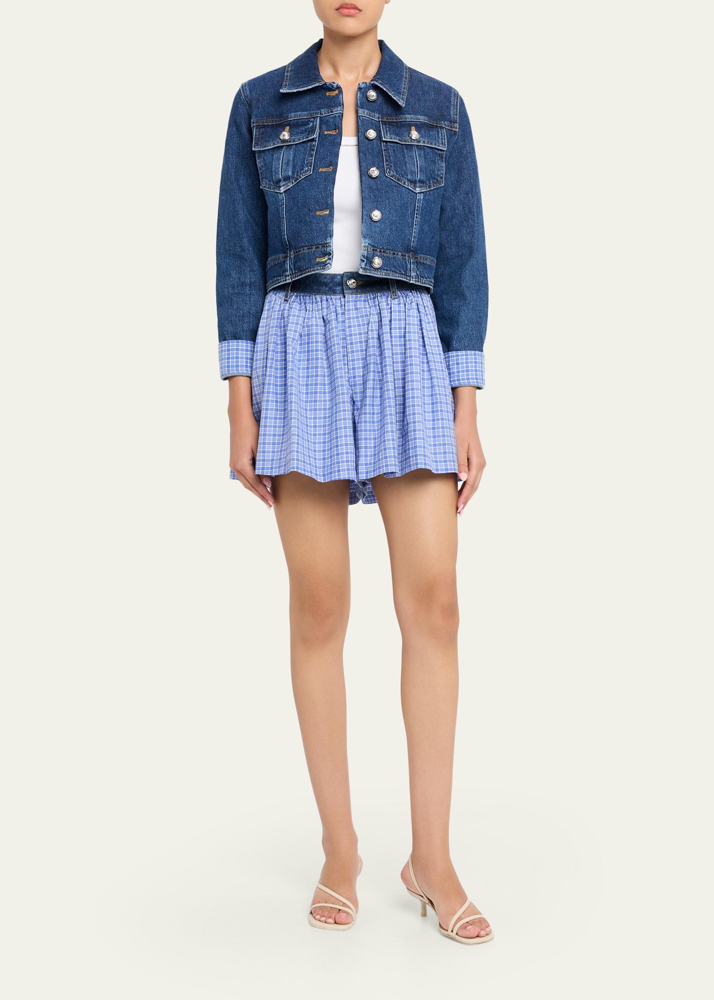 Cinq à Sept Lexie Gingham-Cuff Cropped Denim Jacket - Bergdorf Goodman