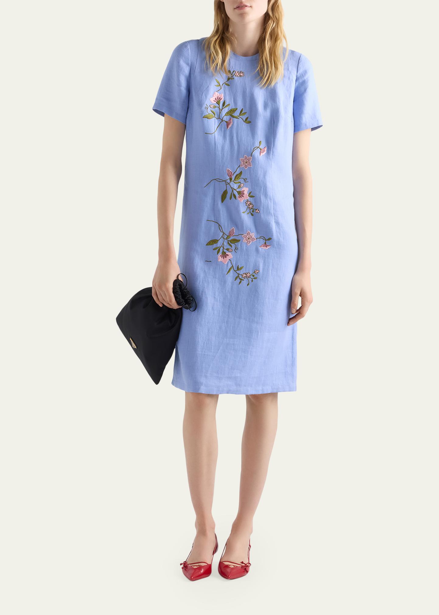 Prada Embroidered Linen Midi Dress - Bergdorf Goodman