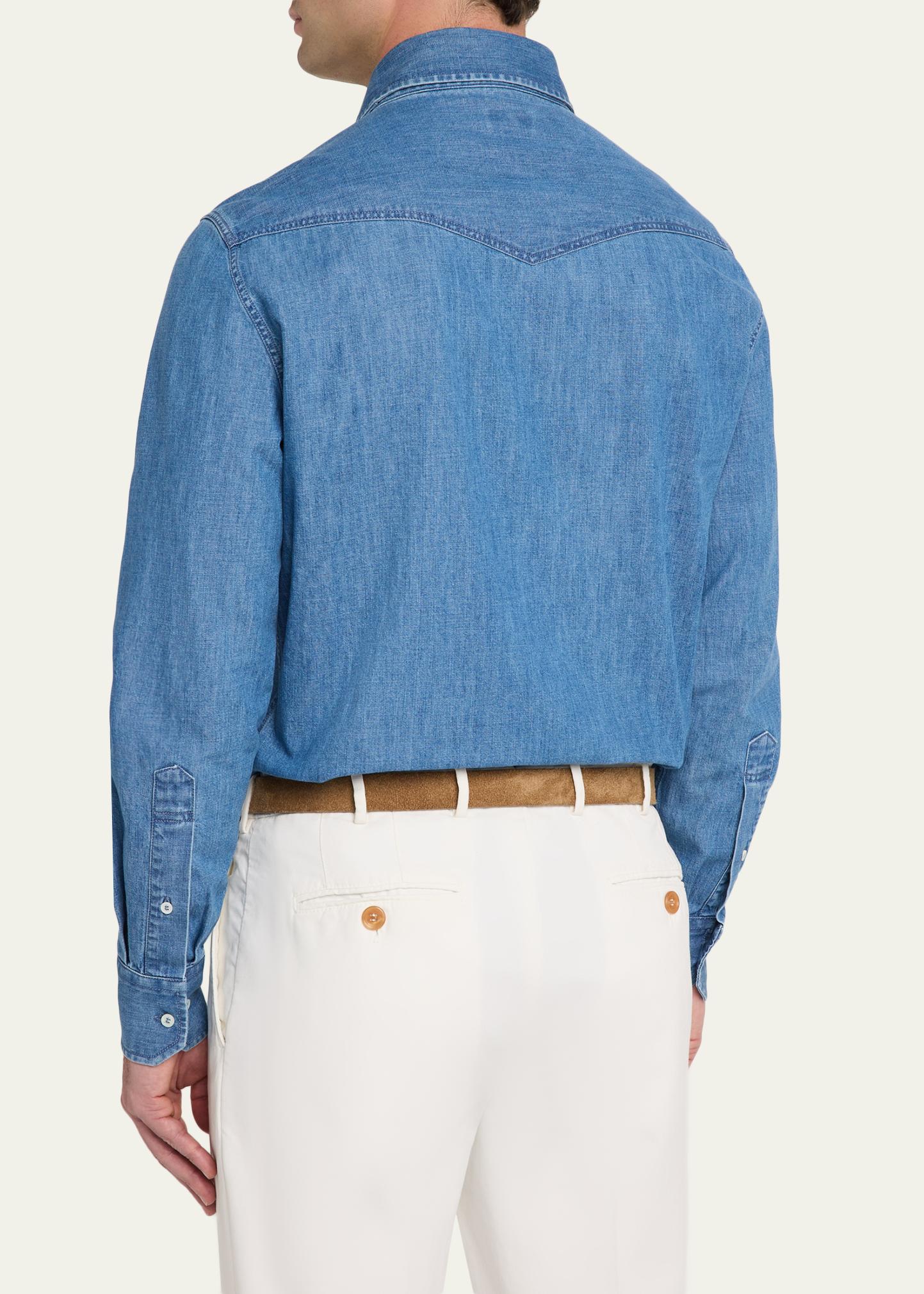 Brunello Cucinelli Men's Denim Flap-Pocket Western Sport Shirt